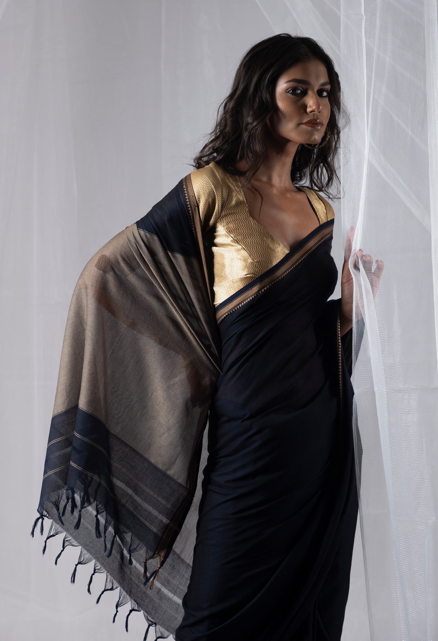 Black Pure Handloom Narayani Cotton Saree