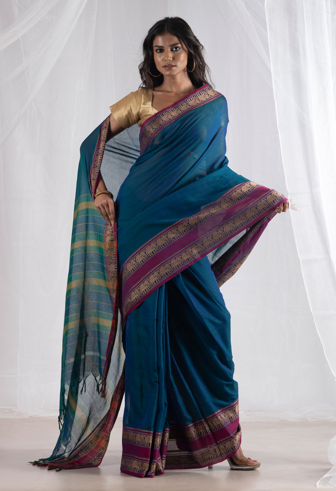 Peacock Blue Pure Handloom Narayani Cotton Saree-UNM75662