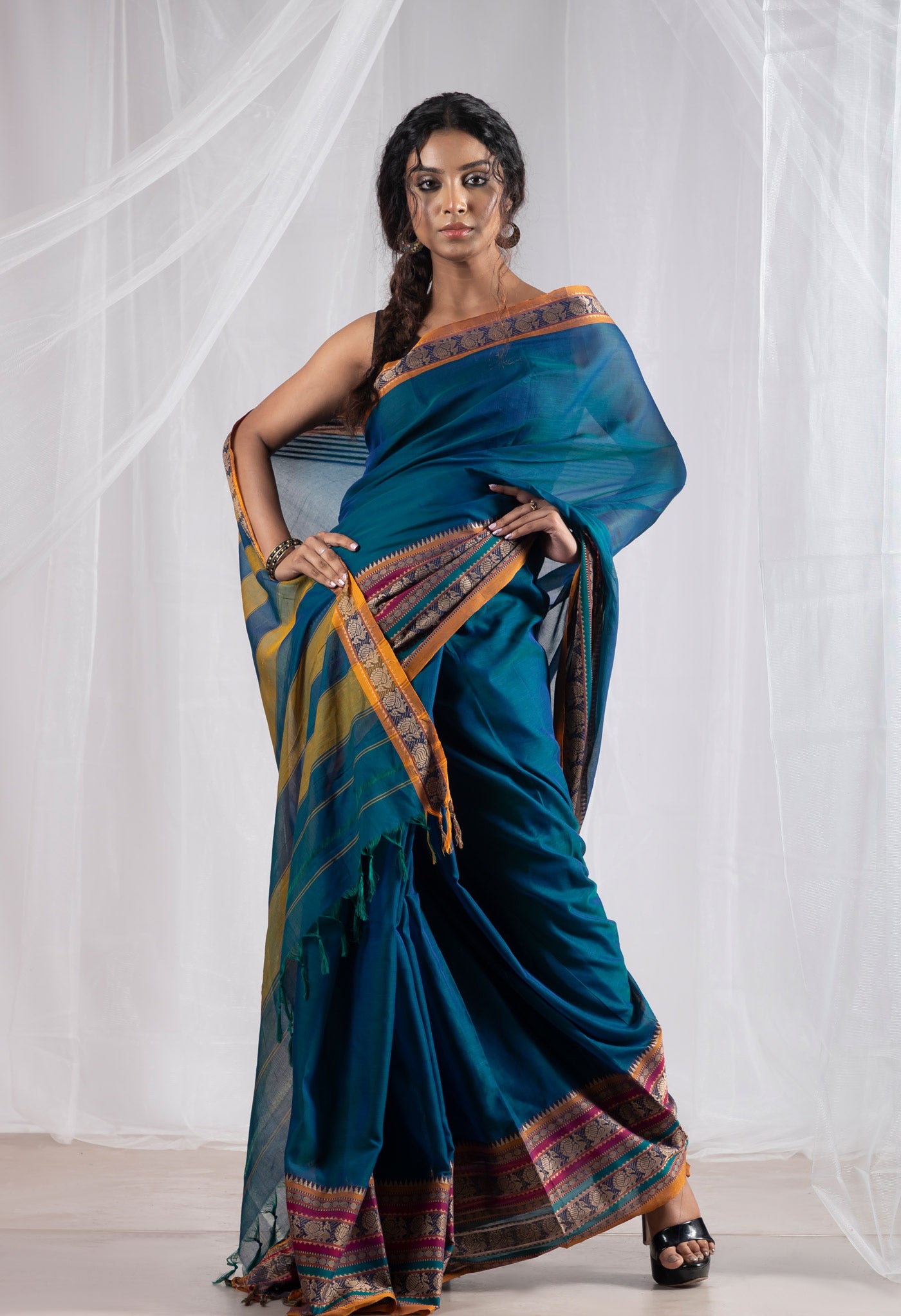 Peacock Blue Pure Handloom Narayani Cotton Saree