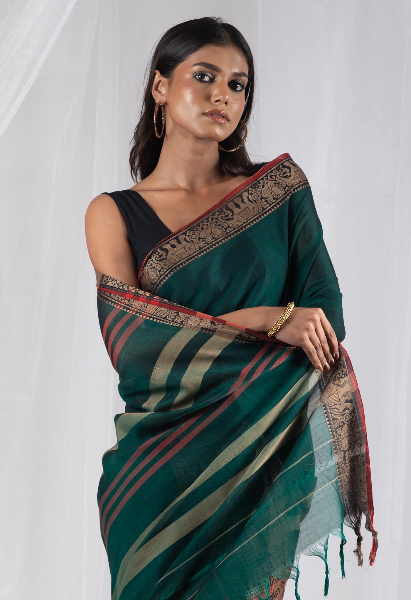 Dark Green Pure Handloom Narayani Cotton Saree