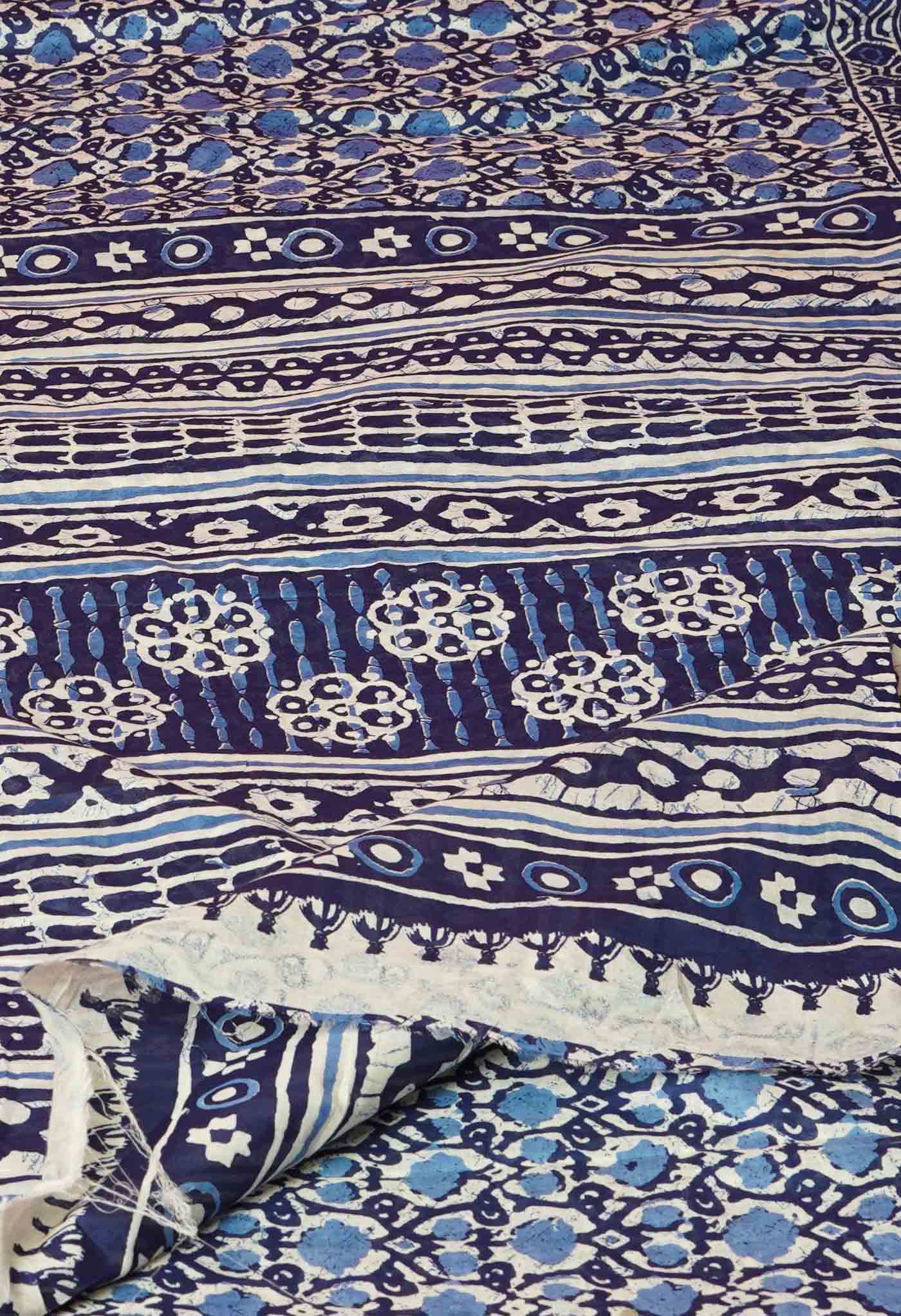 White-Blue Pure  Block Printed Soft Cotton Saree
