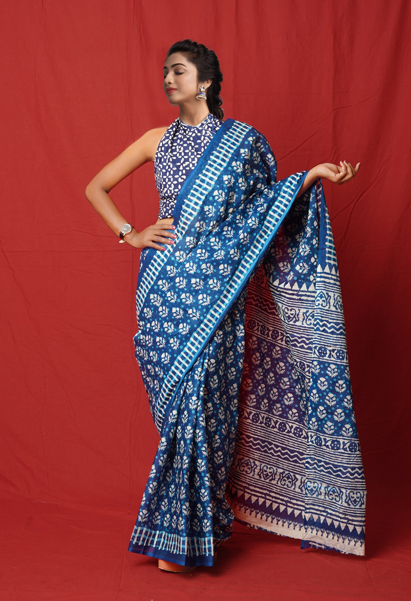 Blue Pure  Block Printed Soft Cotton Saree