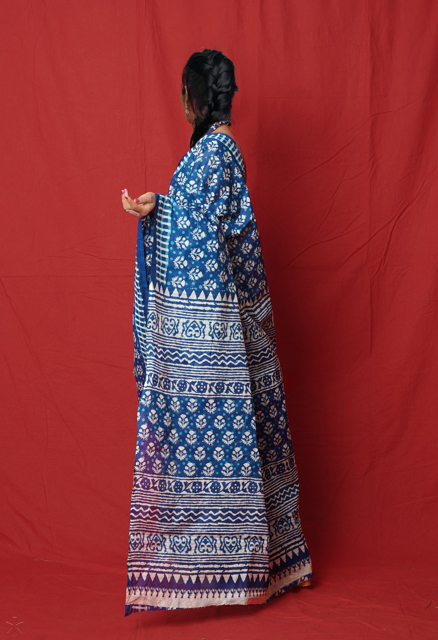 Blue Pure  Block Printed Soft Cotton Saree