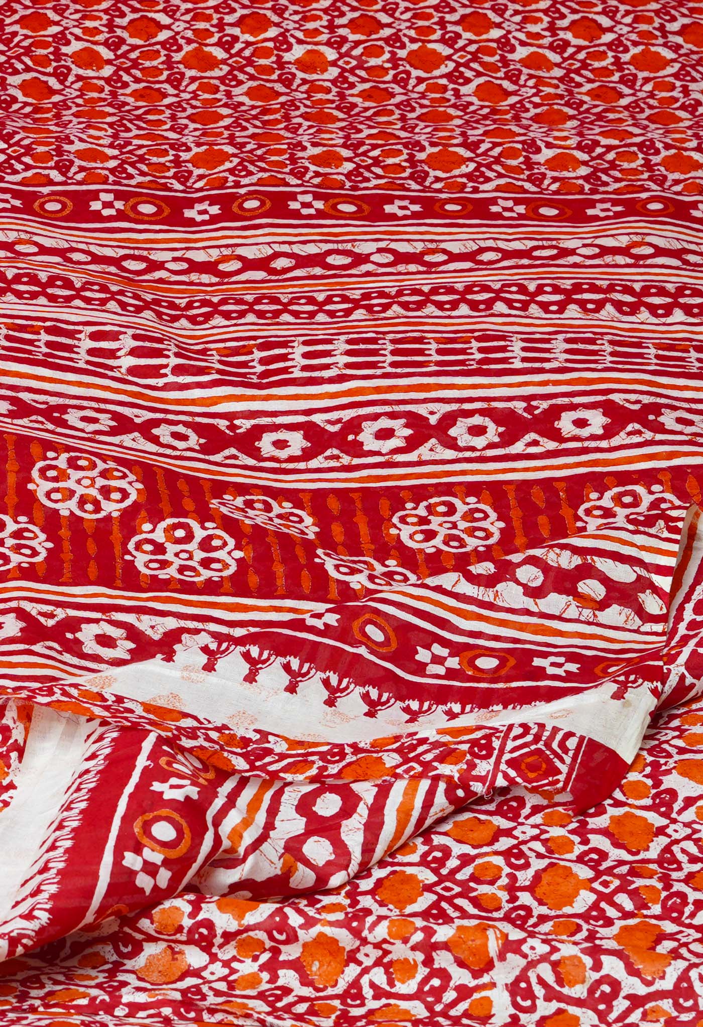 White-Red Pure  Block Printed Soft Cotton Saree