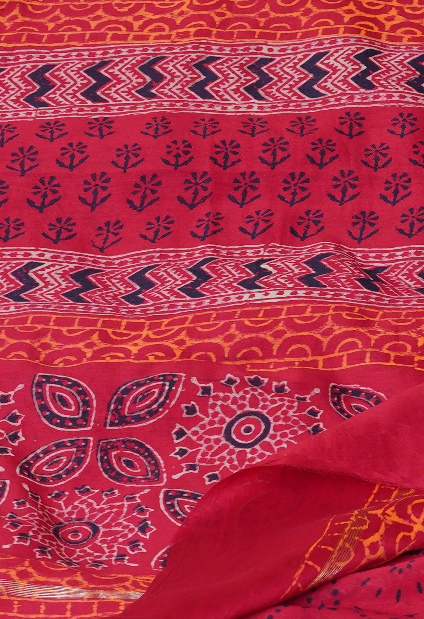 Red Pure  Napthol Hand Block Pinted Chanderi Cotton Saree