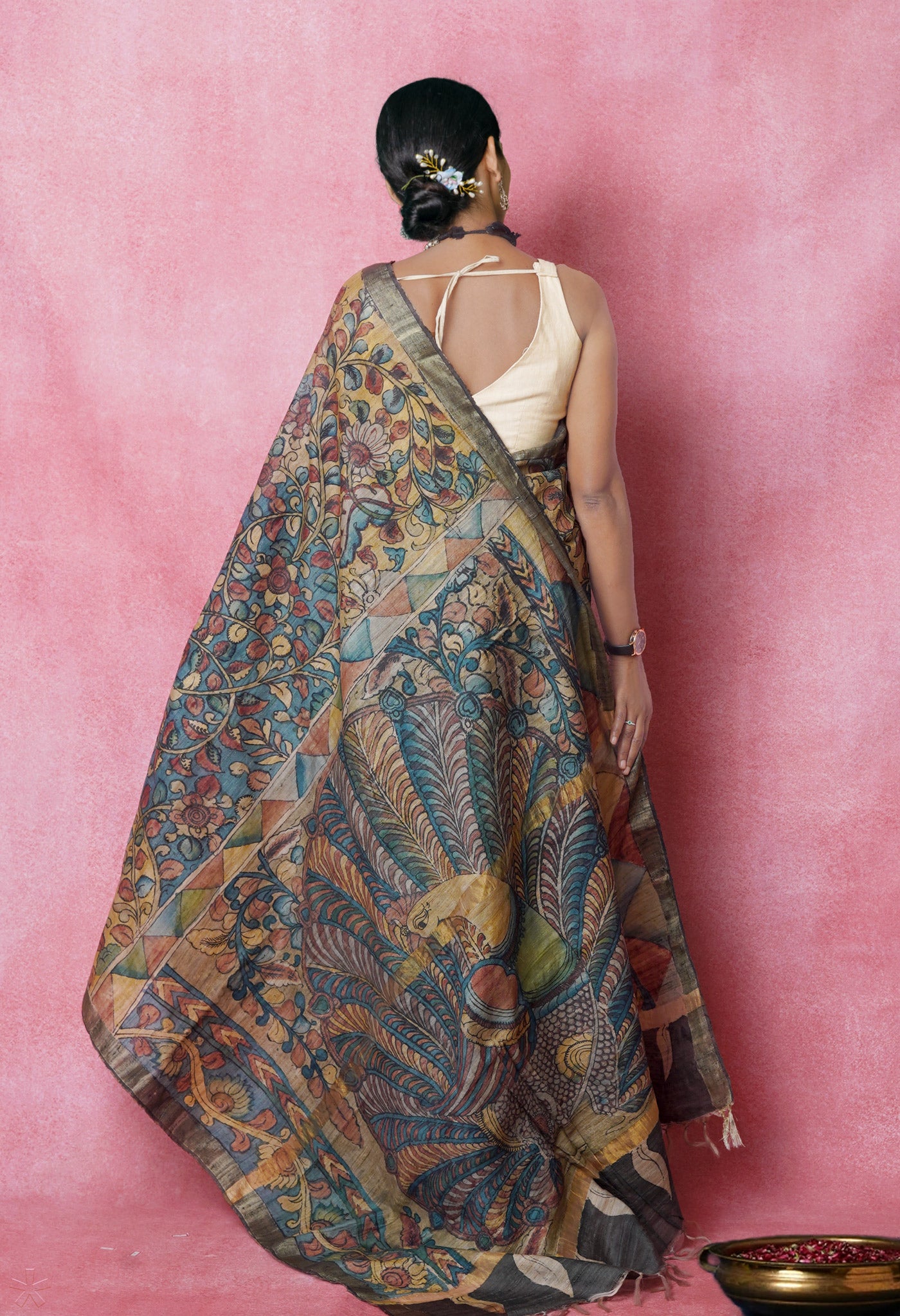 Multi Colored Kalamkari on Pure Handloom Tussar Silk Saree