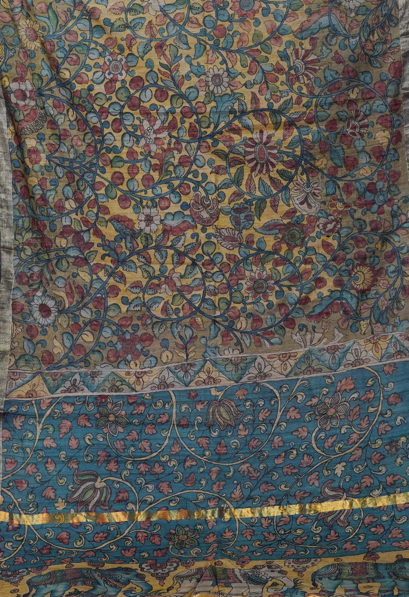 Multi Colored Kalamkari on Pure Handloom Tussar Silk Saree