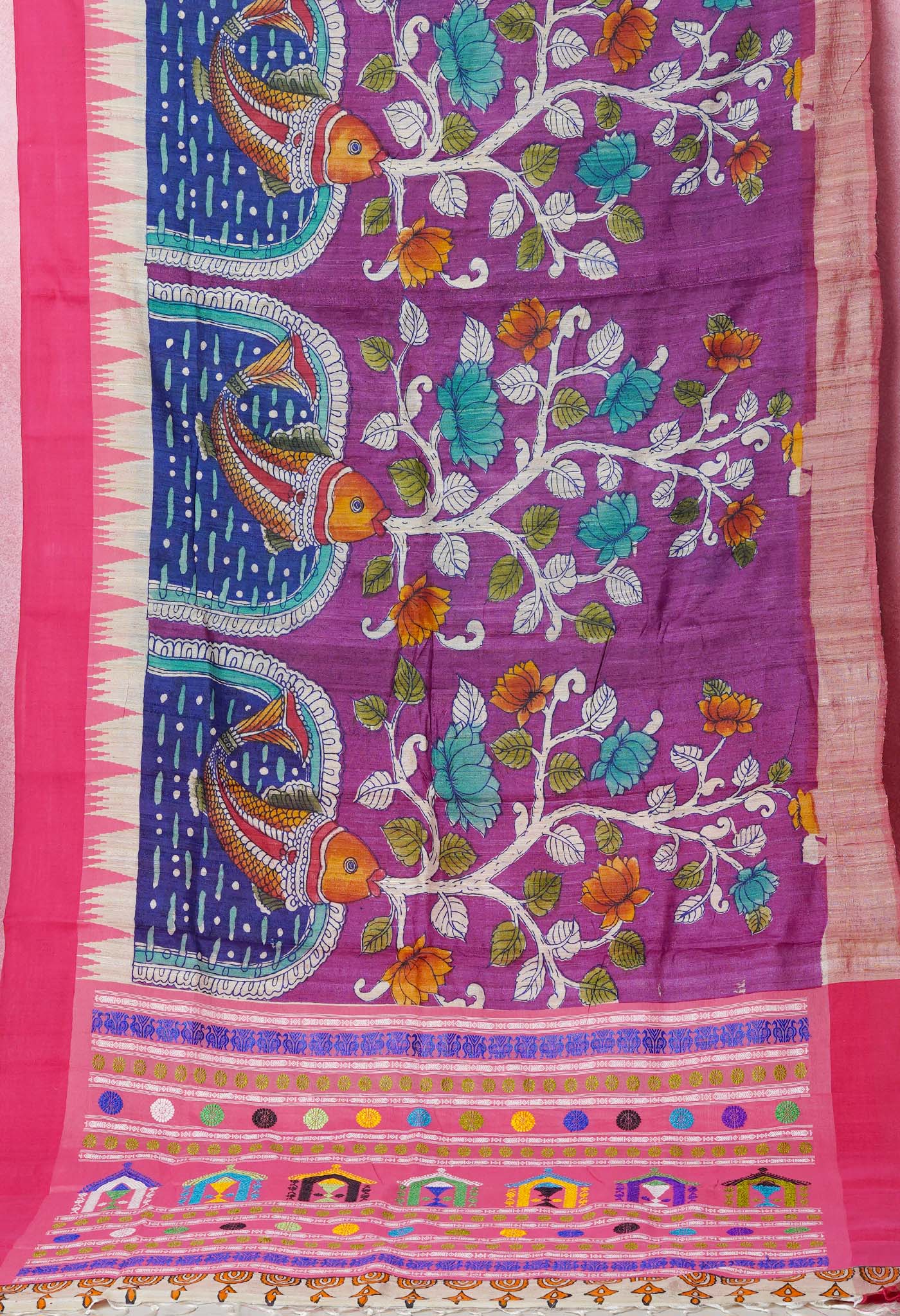 Purple Handpainted Kalamkari on Pure Handloom Tussar Silk Saree