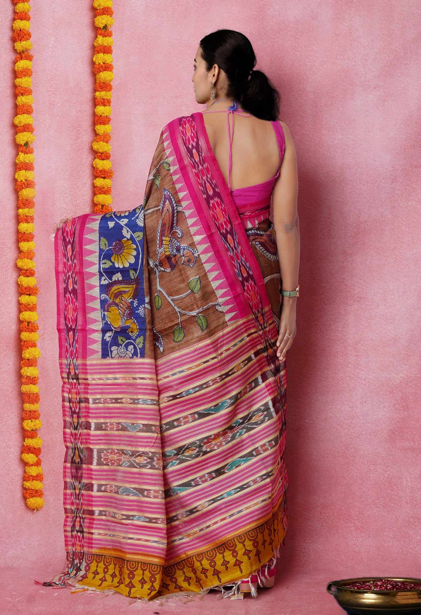 Brown Handpainted Kalamkari on Pure Handloom Tussar Silk Saree