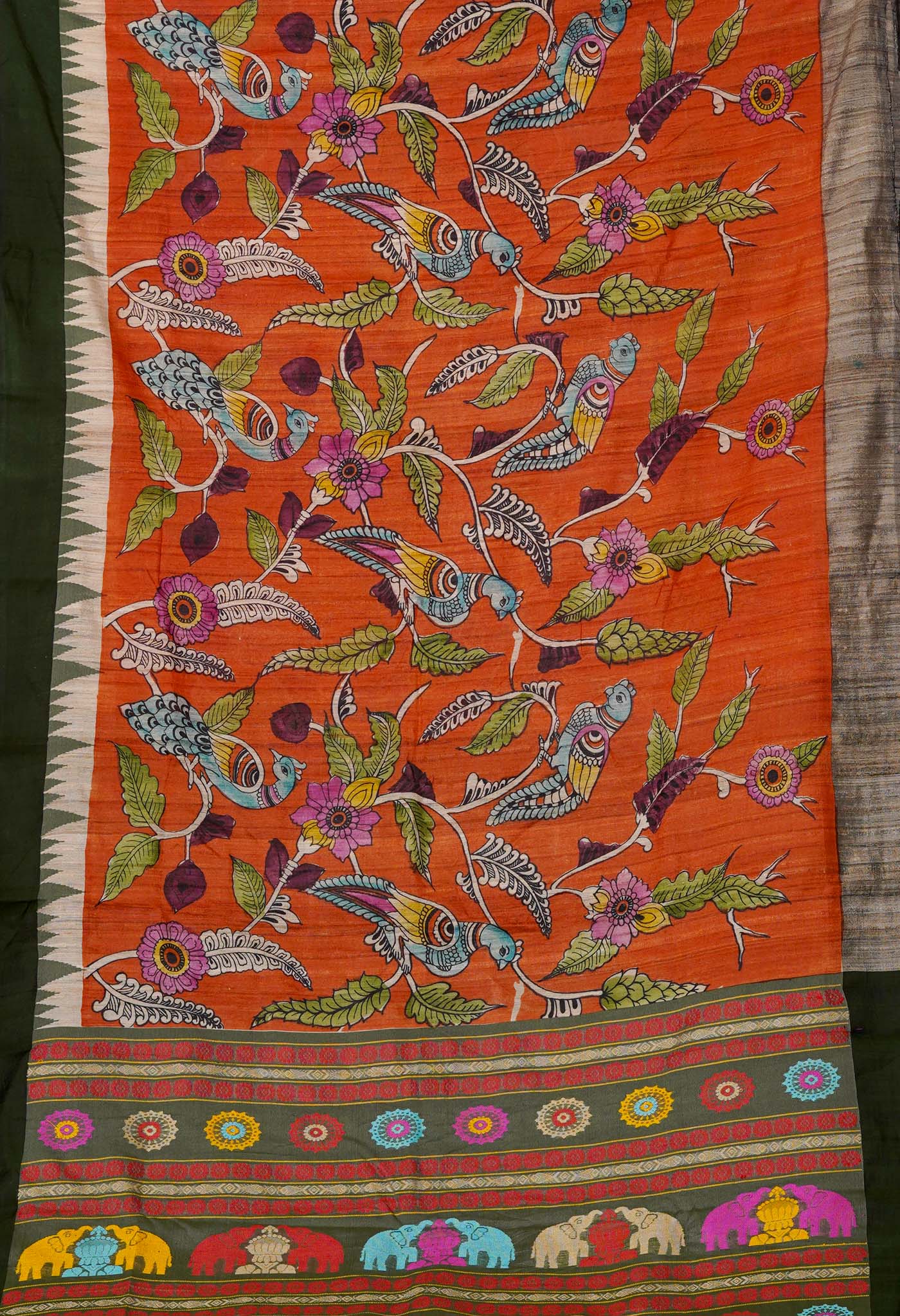 Orange Handpainted Kalamkari on Pure Handloom Tussar Silk Saree