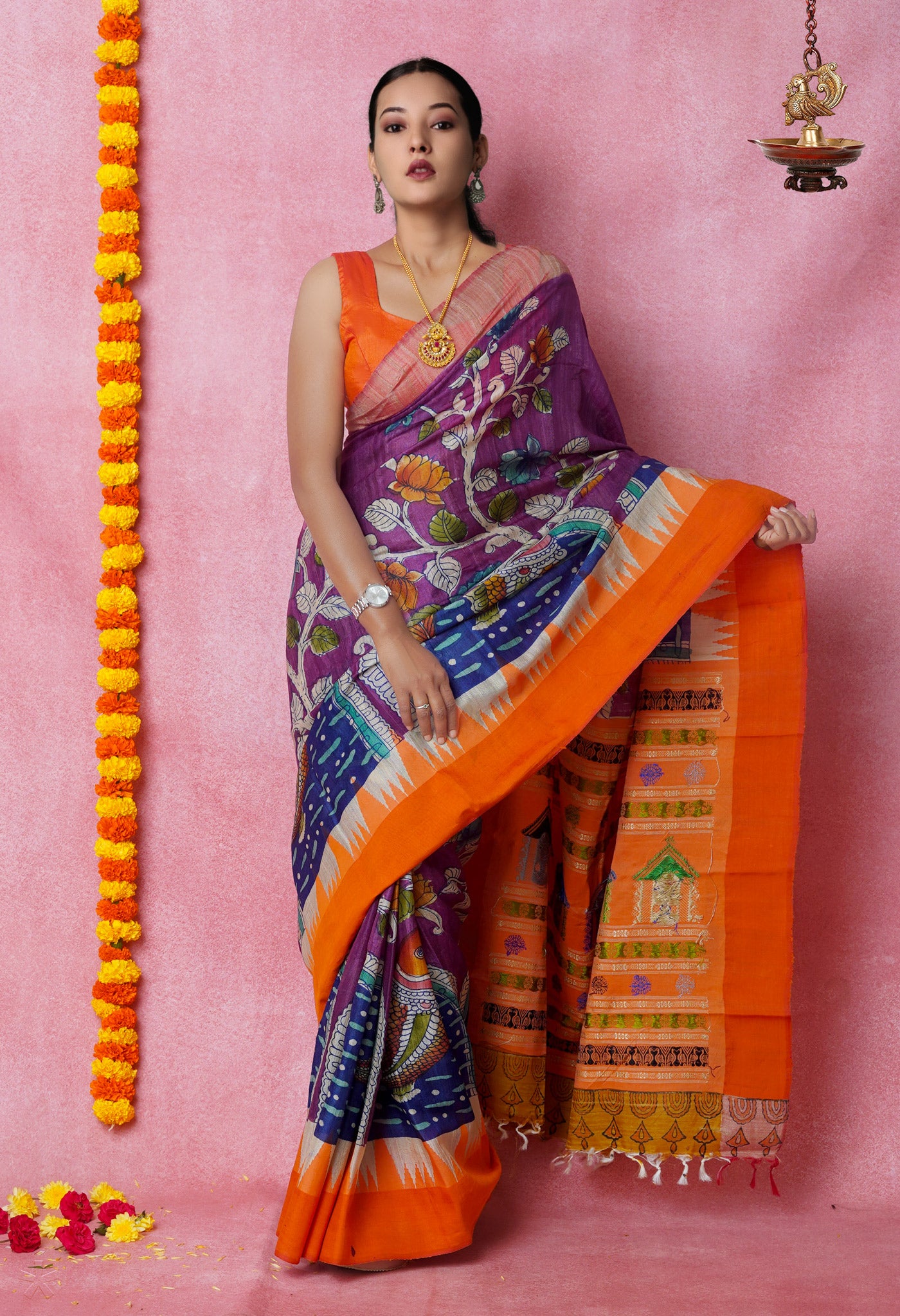 Purple Handpainted Kalamkari on Pure Handloom Tussar Silk Saree