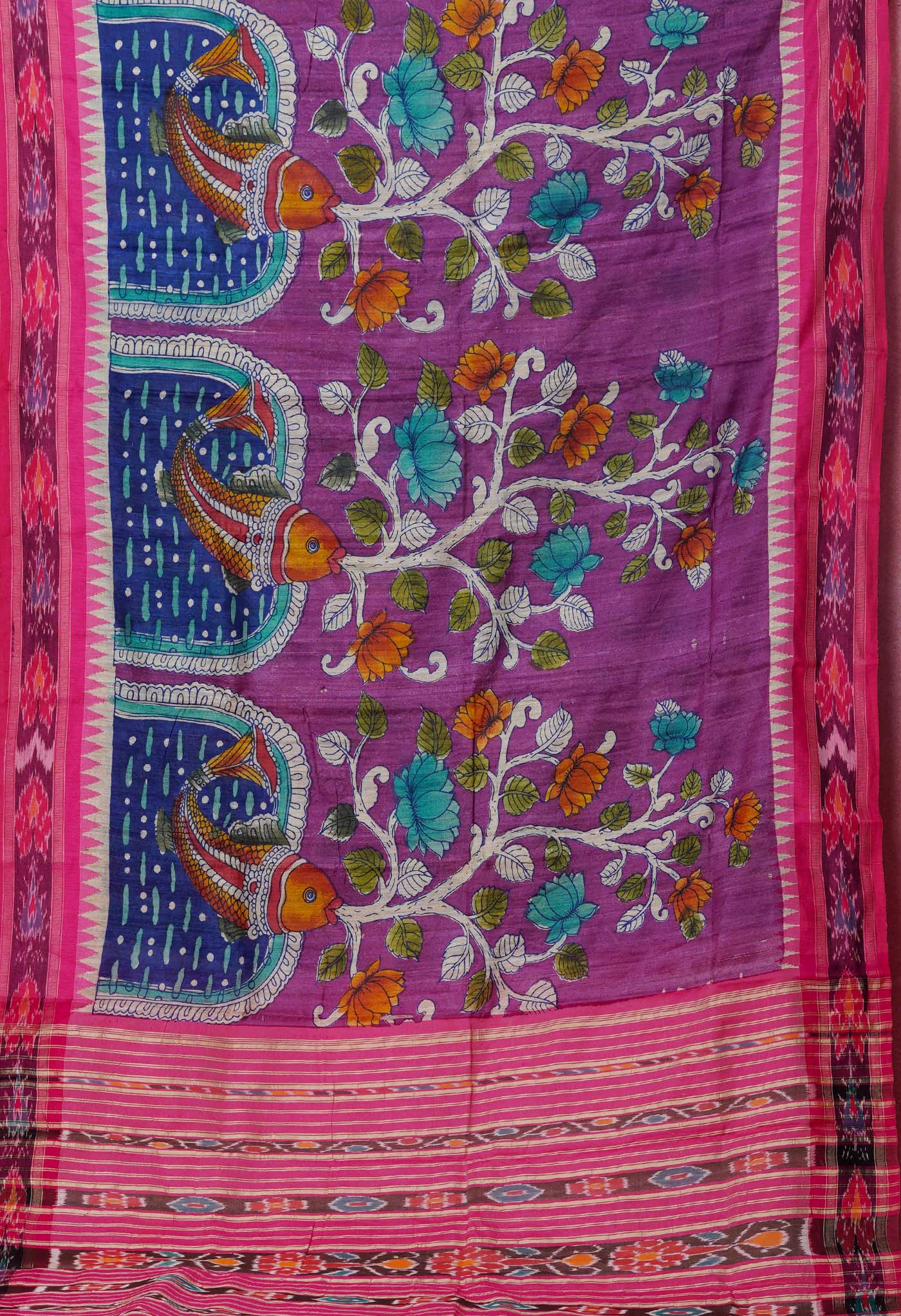 Purple Handpainted Kalamkari on Pure Handloom Tussar Silk Saree
