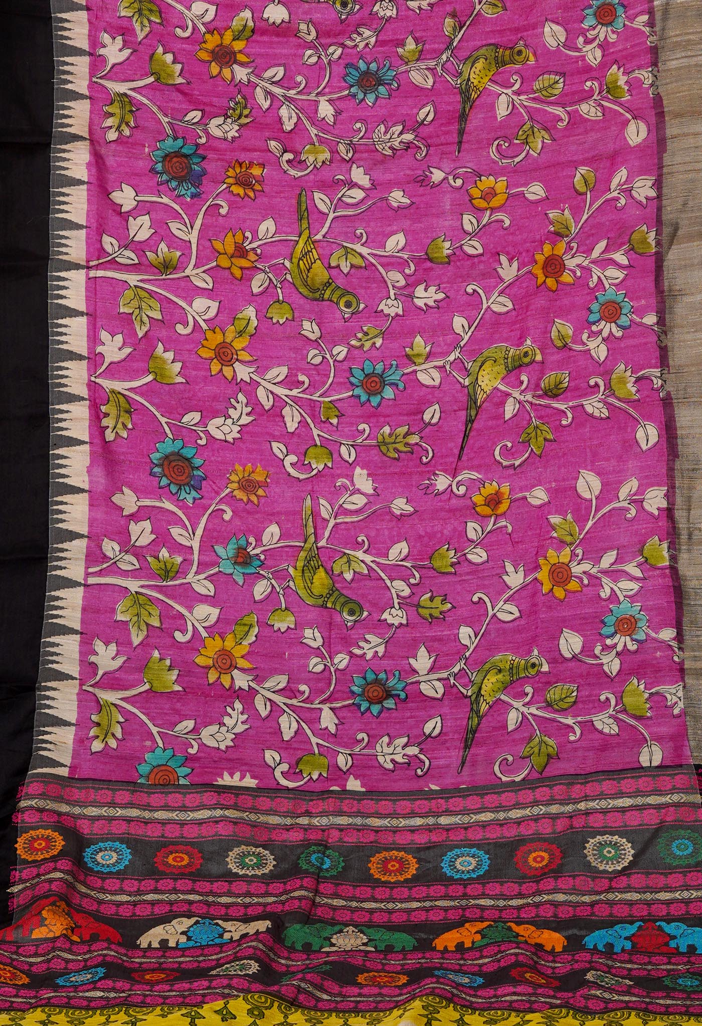 Pink Handpainted Kalamkari on Pure Handloom Tussar Silk Saree