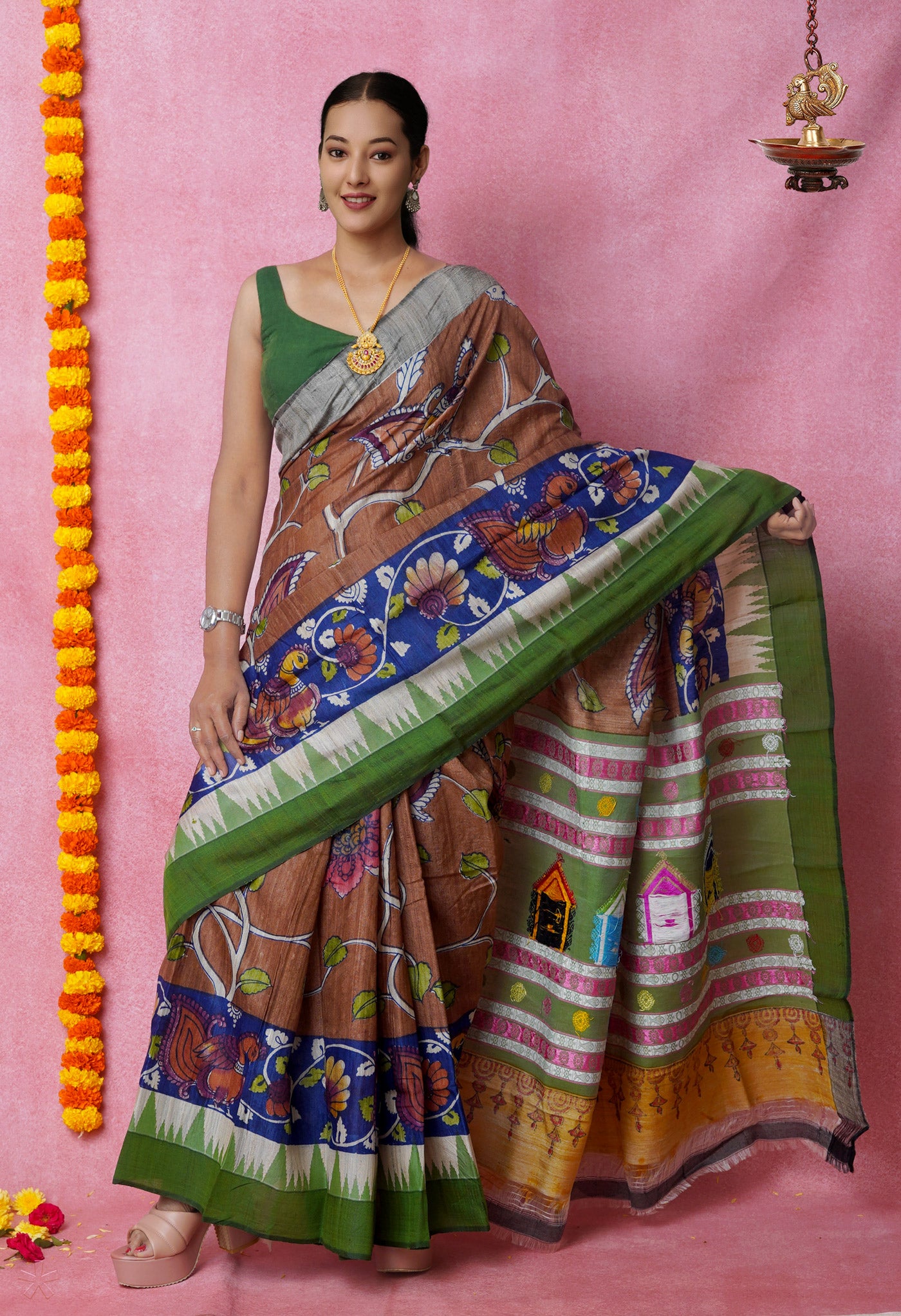 Brown Handpainted Kalamkari on Pure Handloom Tussar Silk Saree