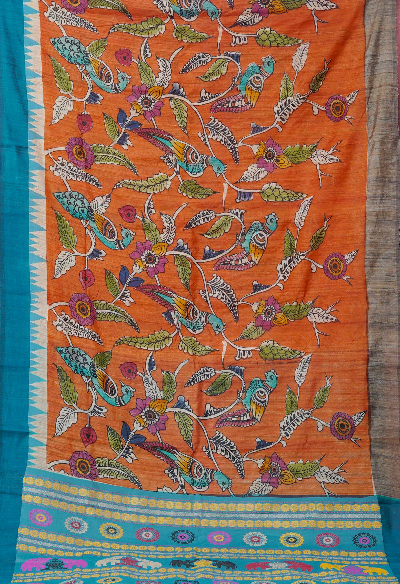 Orange Handpainted Kalamkari on Pure Handloom Tussar Silk Saree