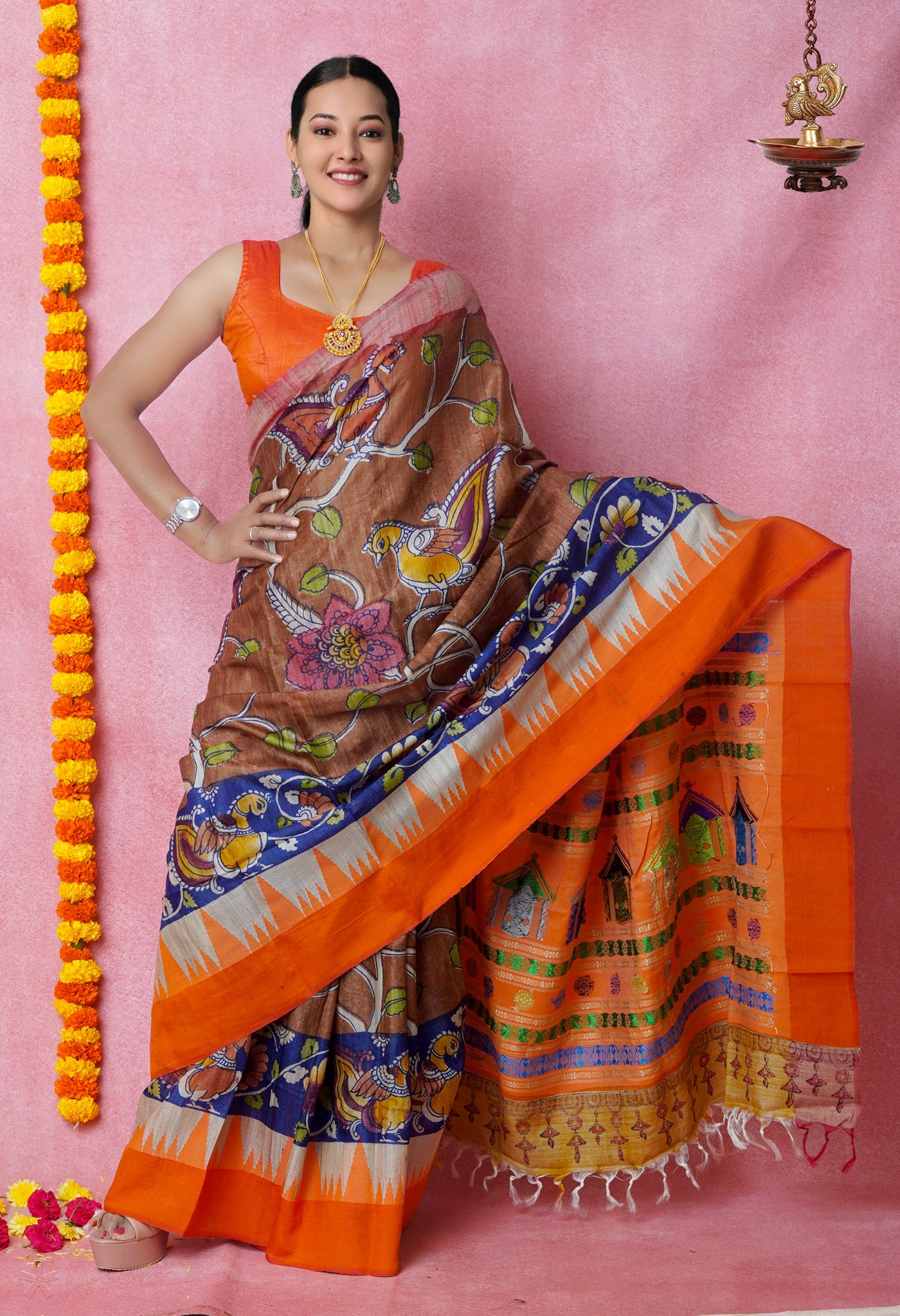 Brown Handpainted Kalamkari on Pure Handloom Tussar Silk Saree
