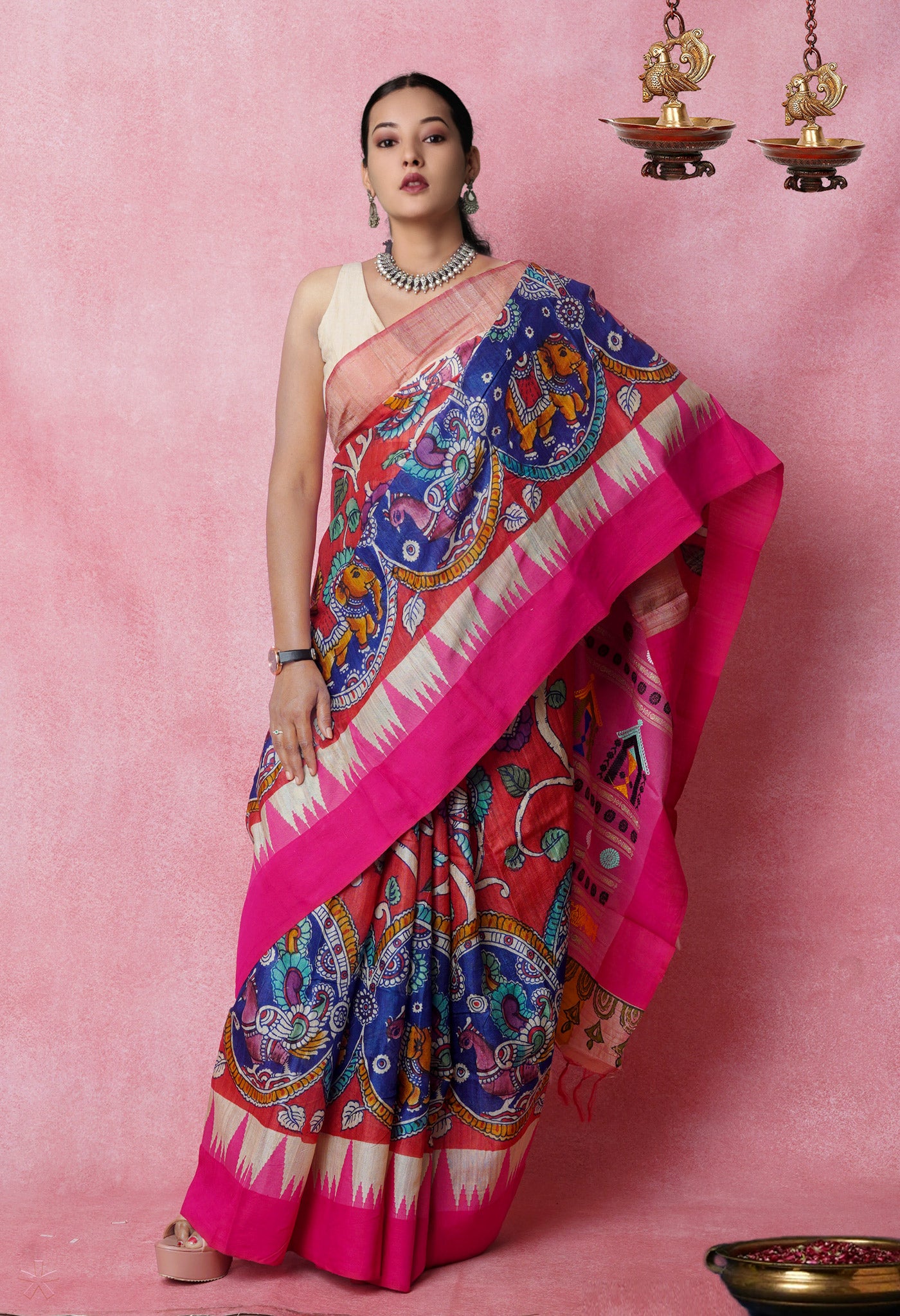 Red-Blue Handpainted Kalamkari on Pure Handloom Tussar Silk Saree