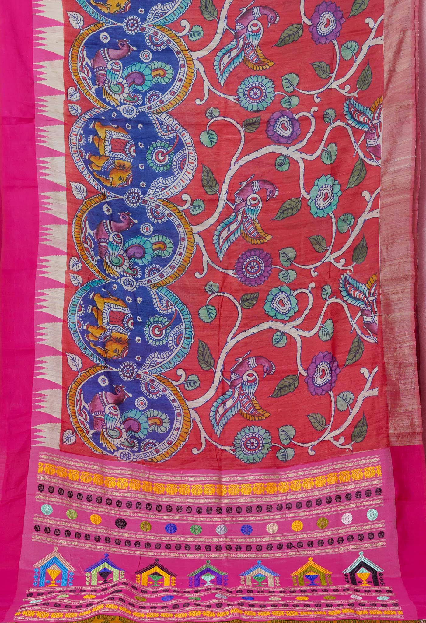Red-Blue Handpainted Kalamkari on Pure Handloom Tussar Silk Saree