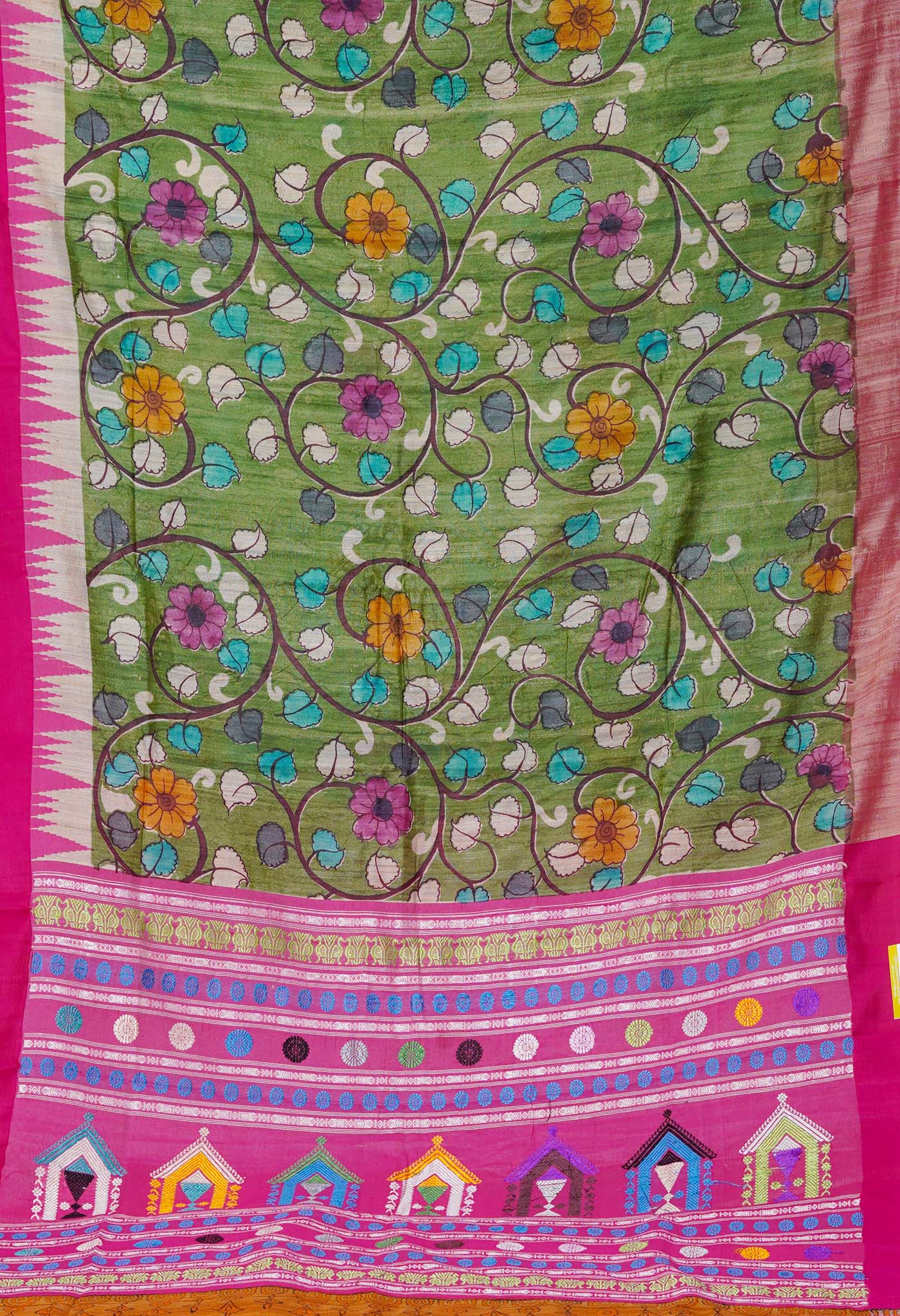 Green Handpainted Kalamkari on Pure Handloom Tussar Silk Saree
