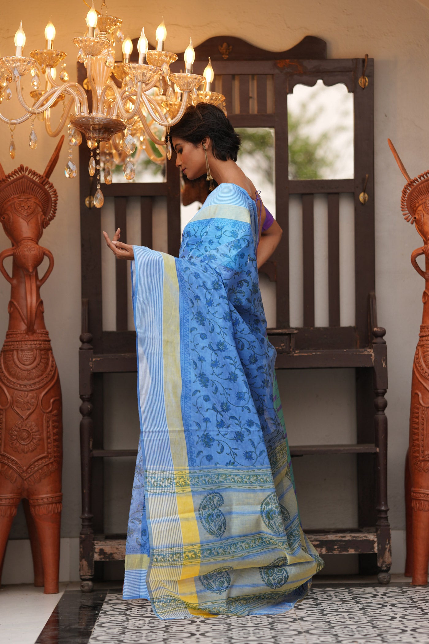 Blue Pure  Block Printed Mangalgiri Cotton Saree-UNM75863