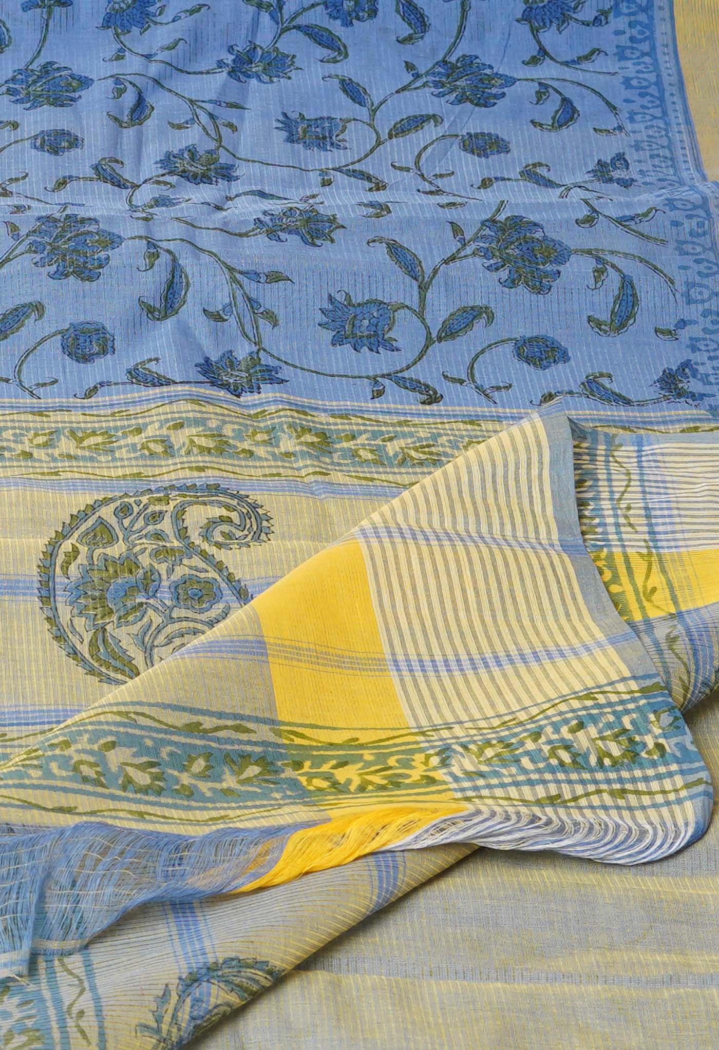 Blue Pure  Block Printed Mangalgiri Cotton Saree