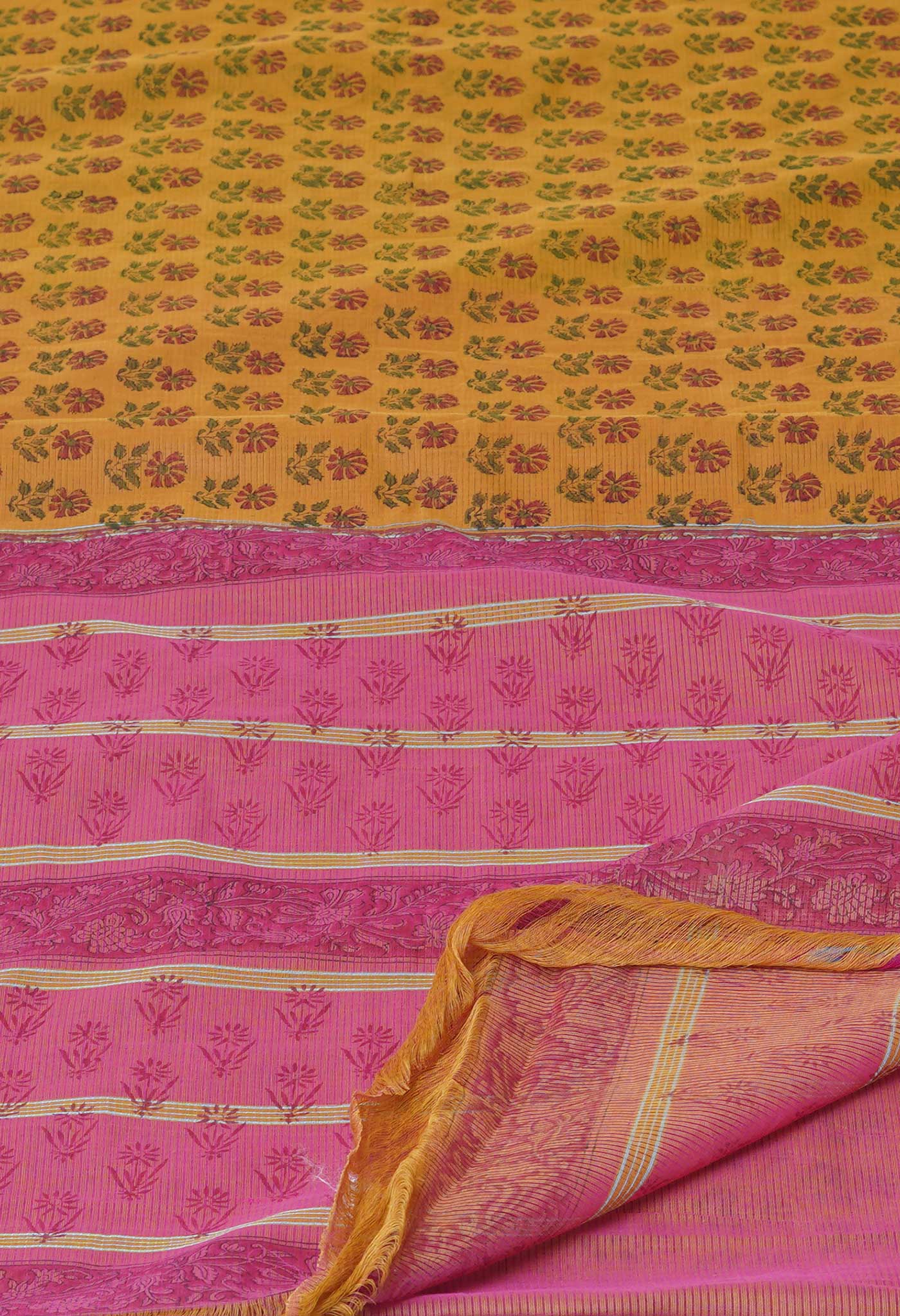 Yellow Pure  Block Printed Mangalgiri Cotton Saree