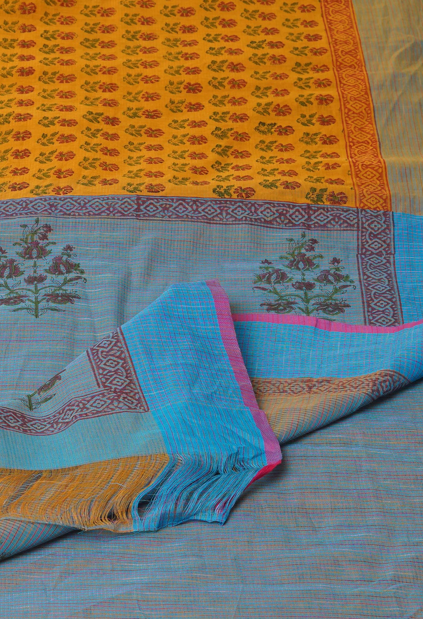 Yellow Pure  Block Printed Mangalgiri Cotton Saree