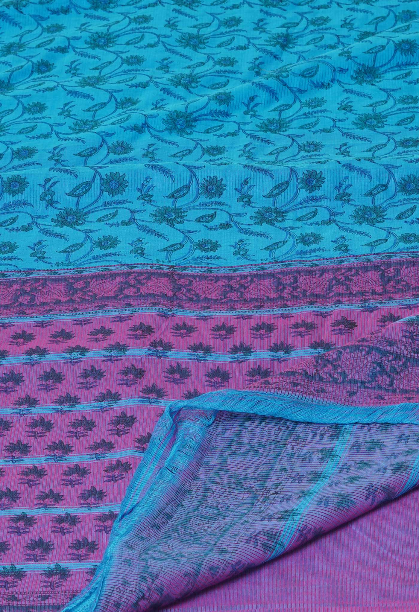 Blue Pure  Block Printed Mangalgiri Cotton Saree