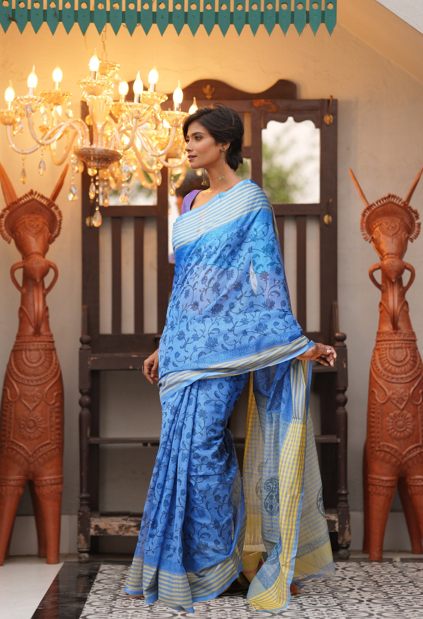 Blue Pure  Block Printed Mangalgiri Cotton Saree