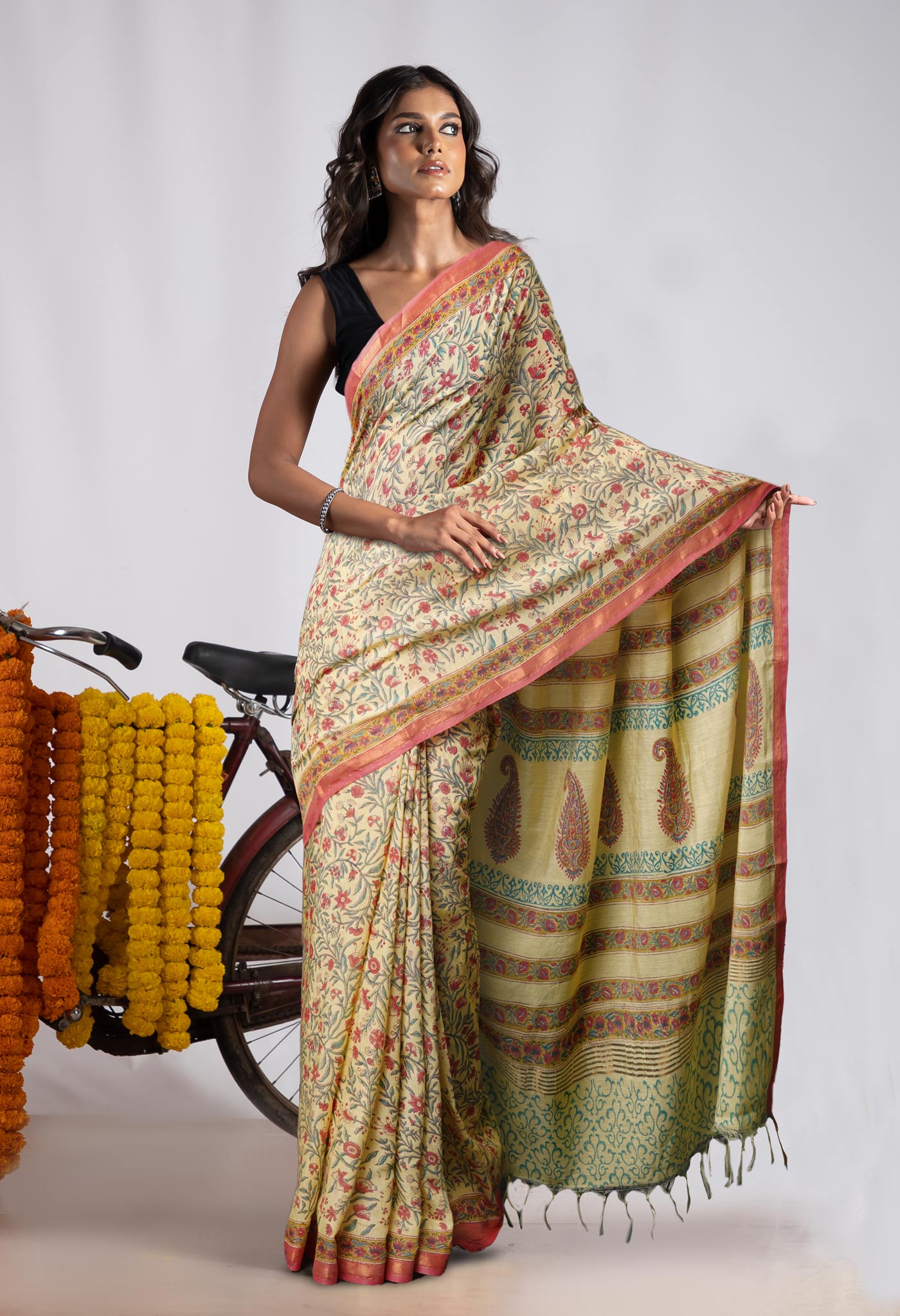 Yellow Pure Pashmina Block Printed Chanderi Soft Silk Saree