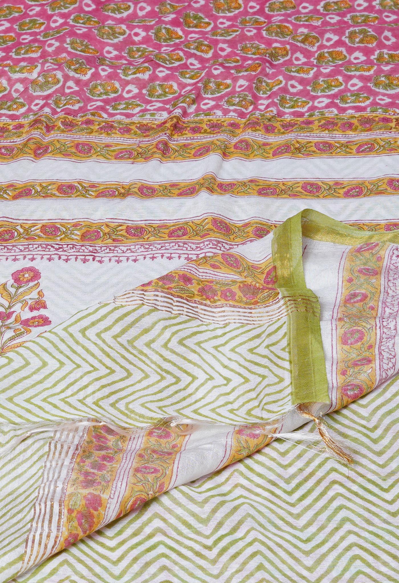 Pink Pure  Pashmina Block Printed Chanderi Soft Silk Saree