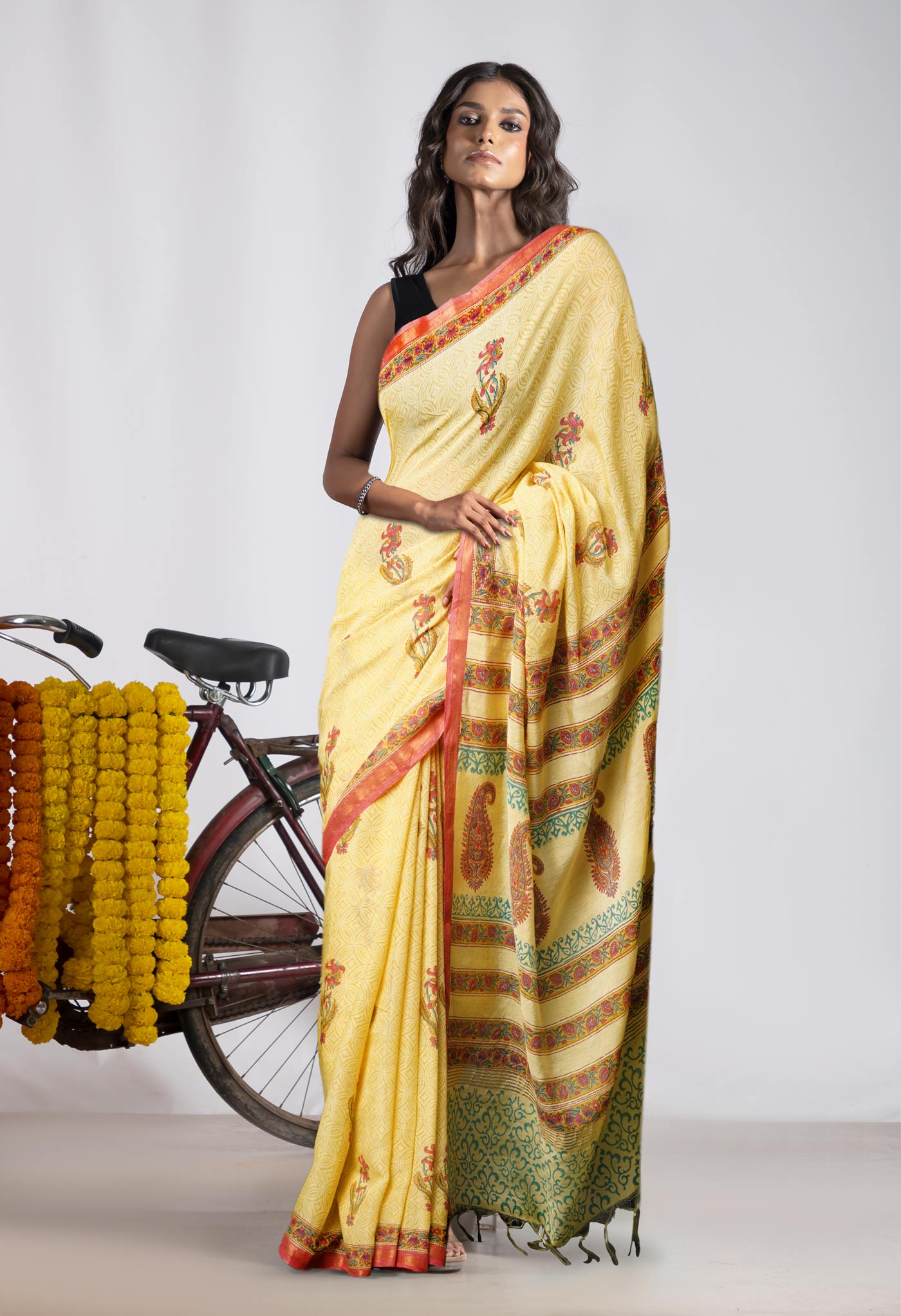 Yellow Pure  Pashmina Block Printed Chanderi Soft Silk Saree