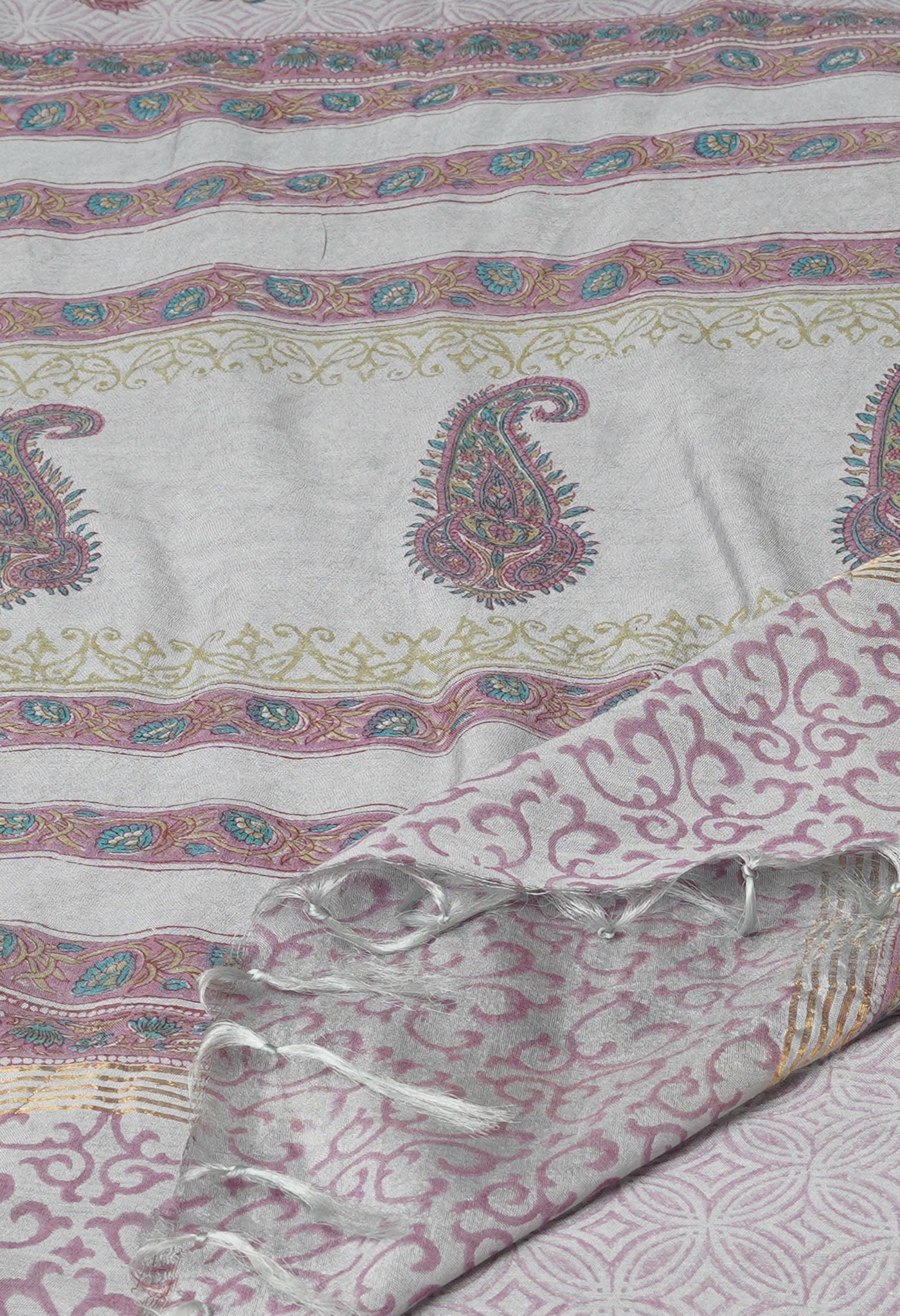 Grey Pure  Pashmina Block Printed Chanderi Soft Silk Saree