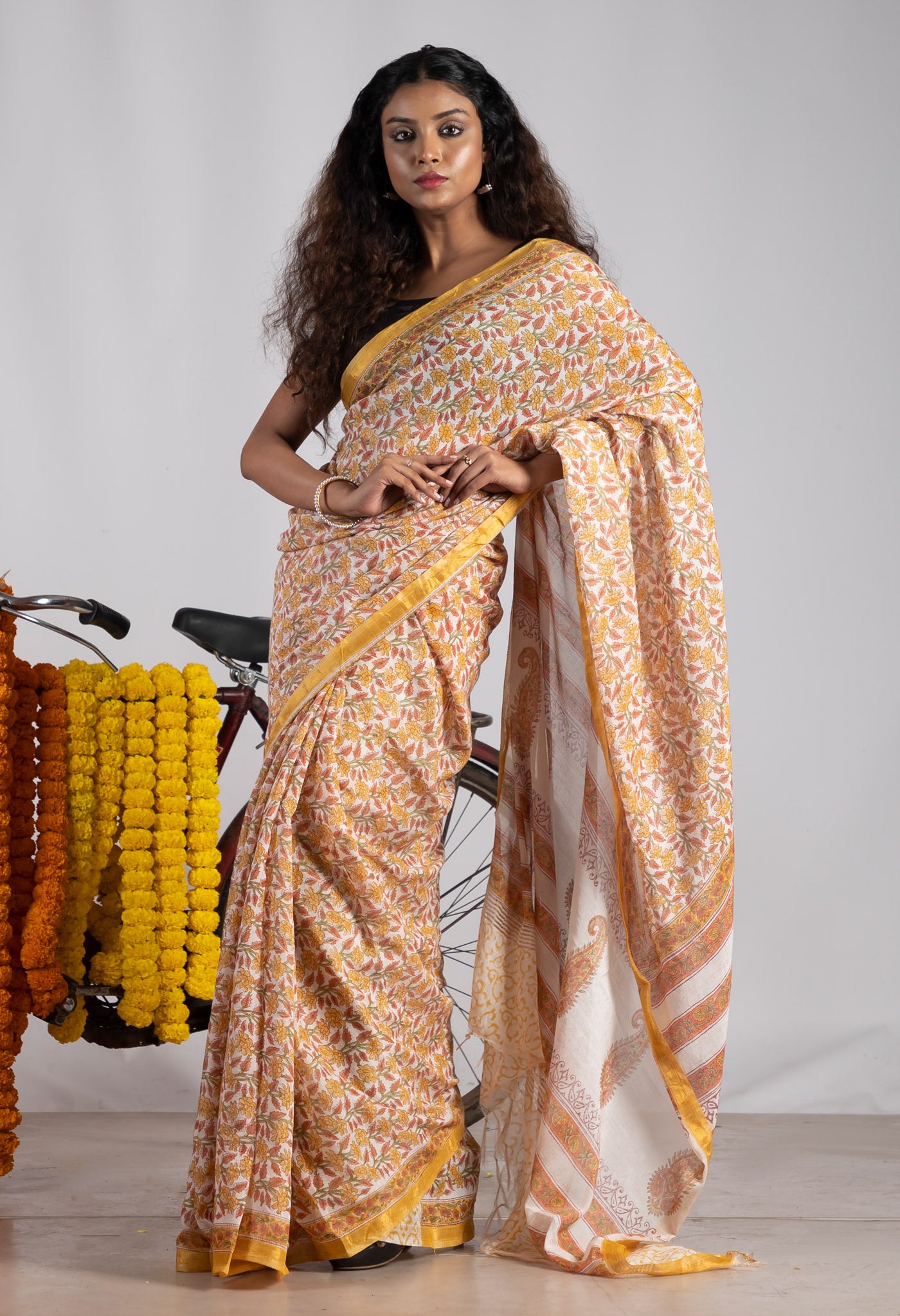 Ivory Pure Pashmina Block Printed Chanderi Soft Silk Saree