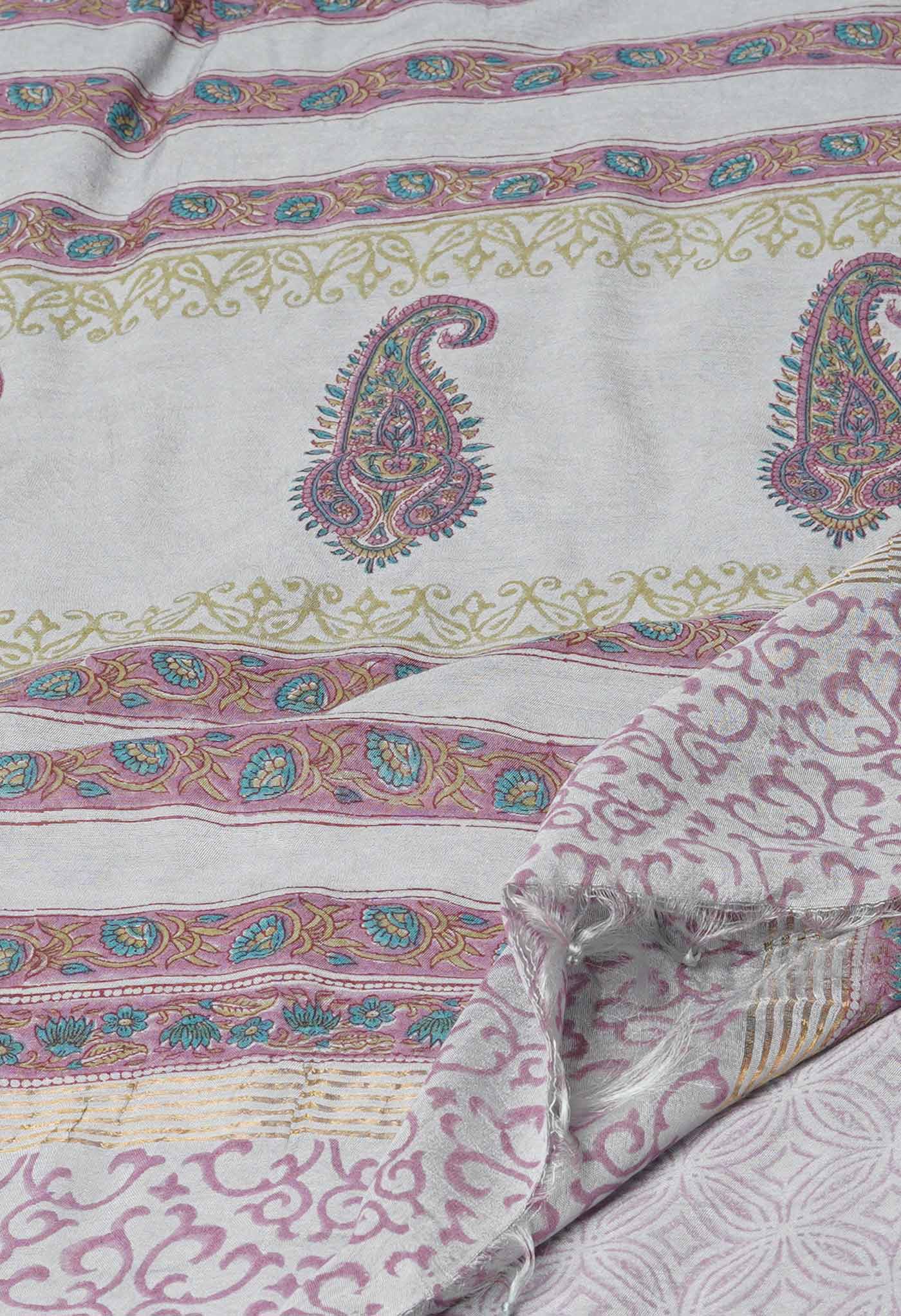Grey Pure  Pashmina Block Printed Chanderi Soft Silk Saree