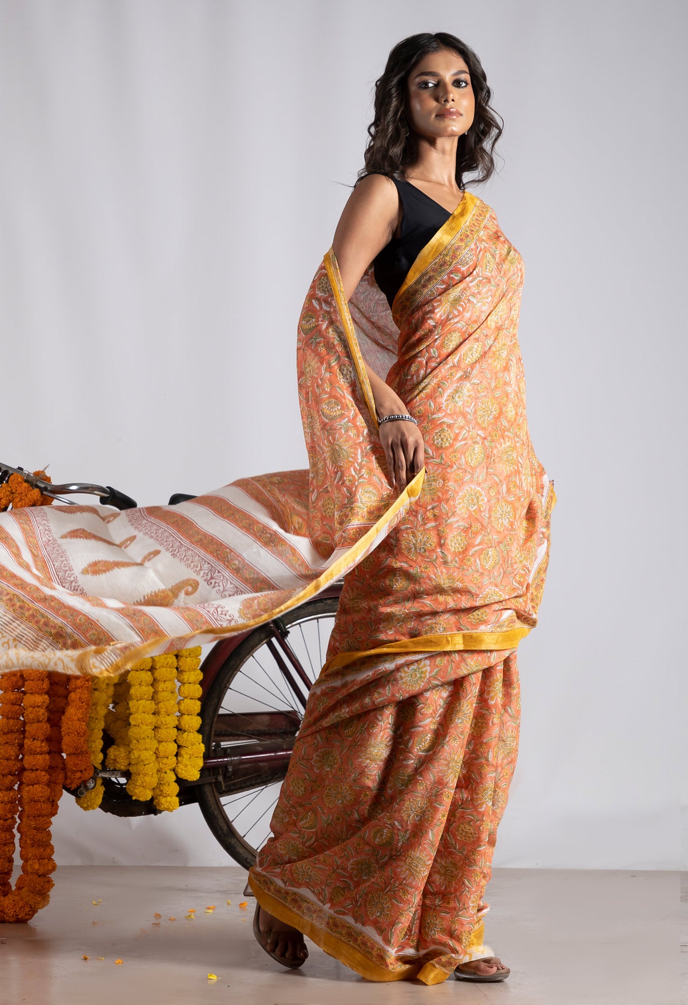 Orange Pure  Pashmina Block Printed Chanderi Soft Silk Saree