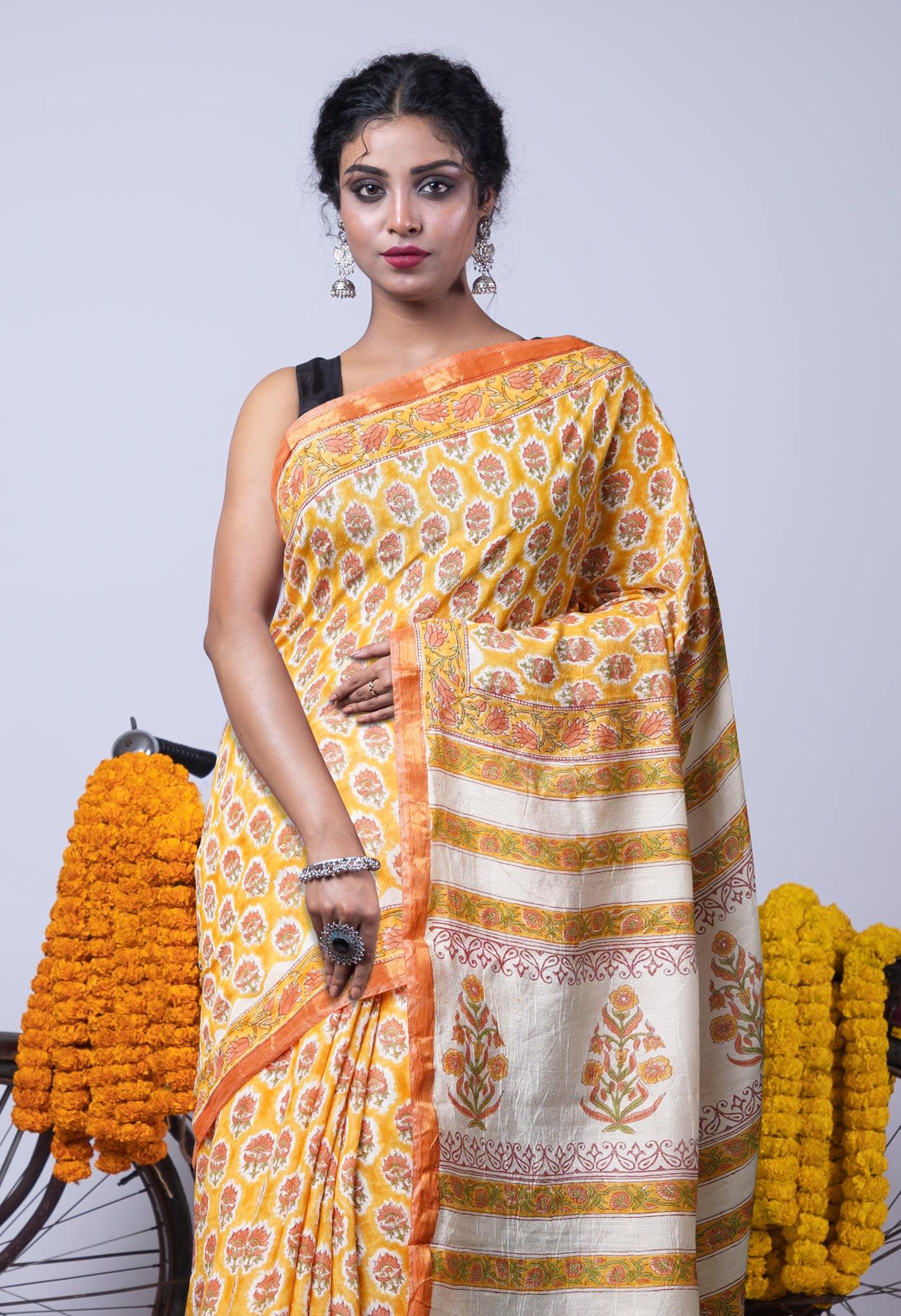 Yellow Pure  Pashmina Block Printed Chanderi Soft Silk Saree