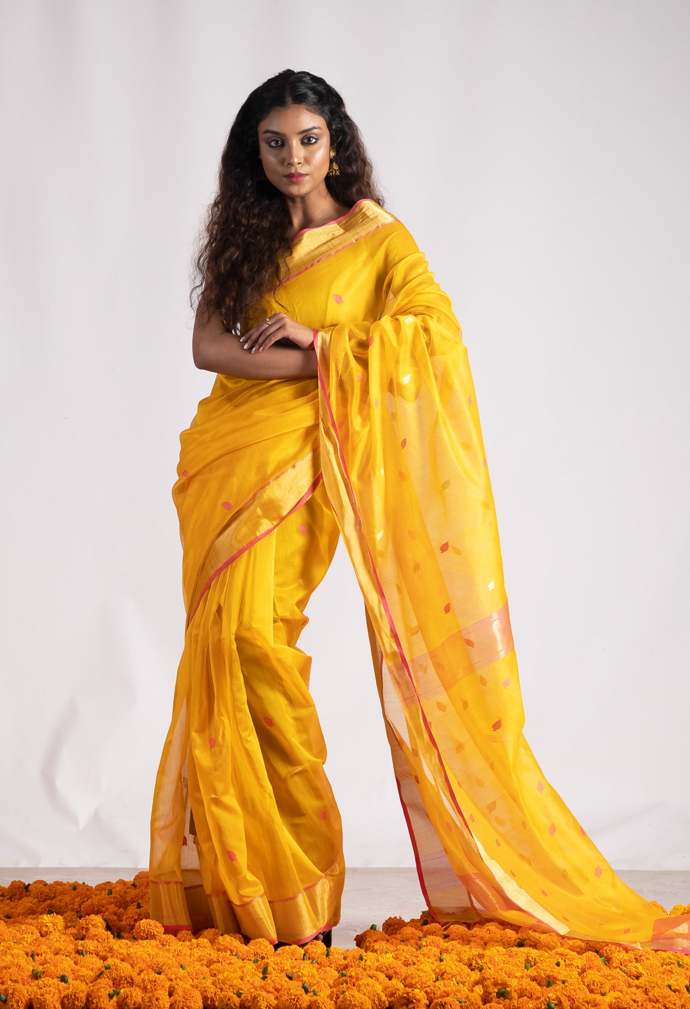 Yellow Pure Handloom Maheshwari Sico Saree