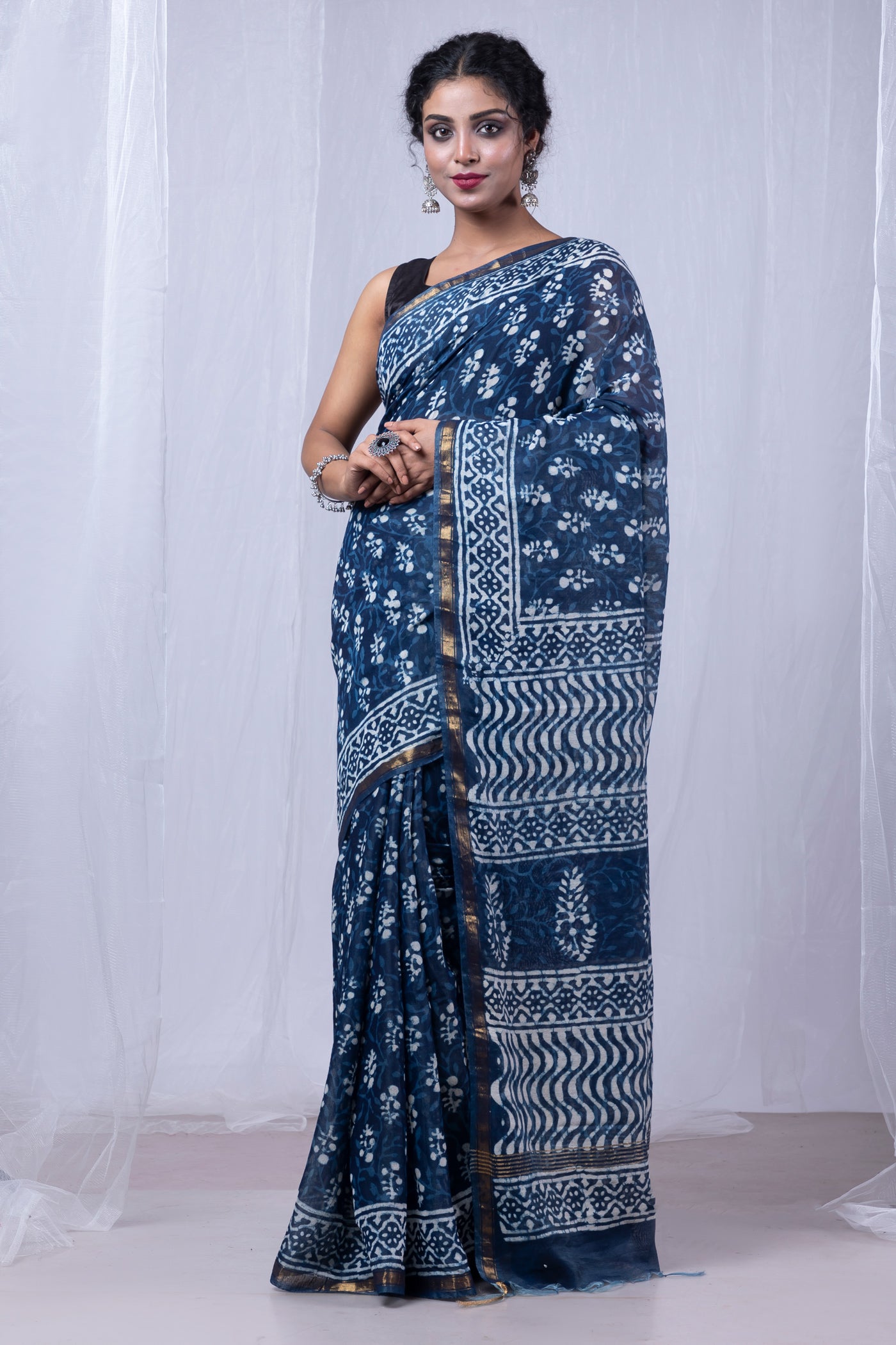 Indigo Blue Pure  Pashmina Block Printed Chanderi Sico Saree