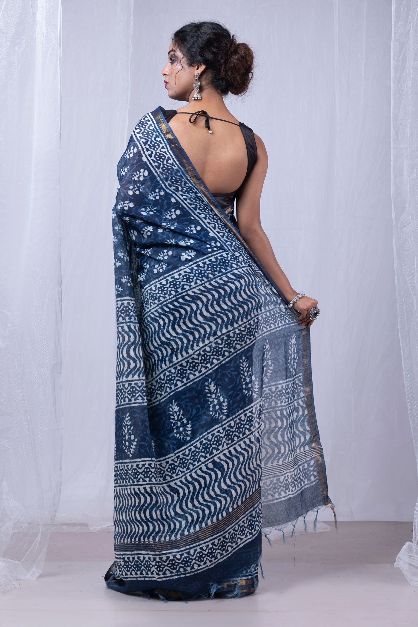 Indigo Blue Pure  Pashmina Block Printed Chanderi Sico Saree