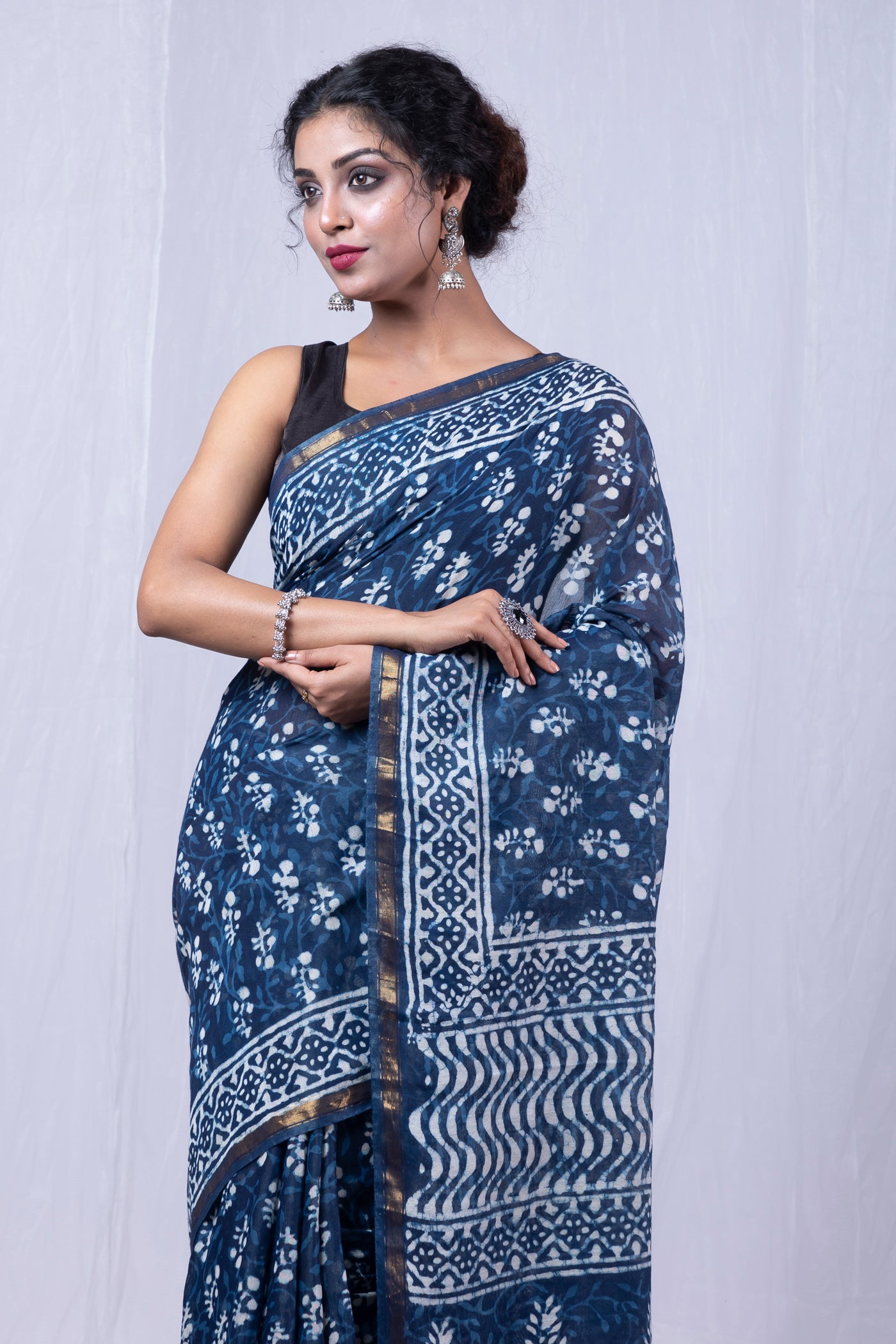 Indigo Blue Pure  Pashmina Block Printed Chanderi Sico Saree