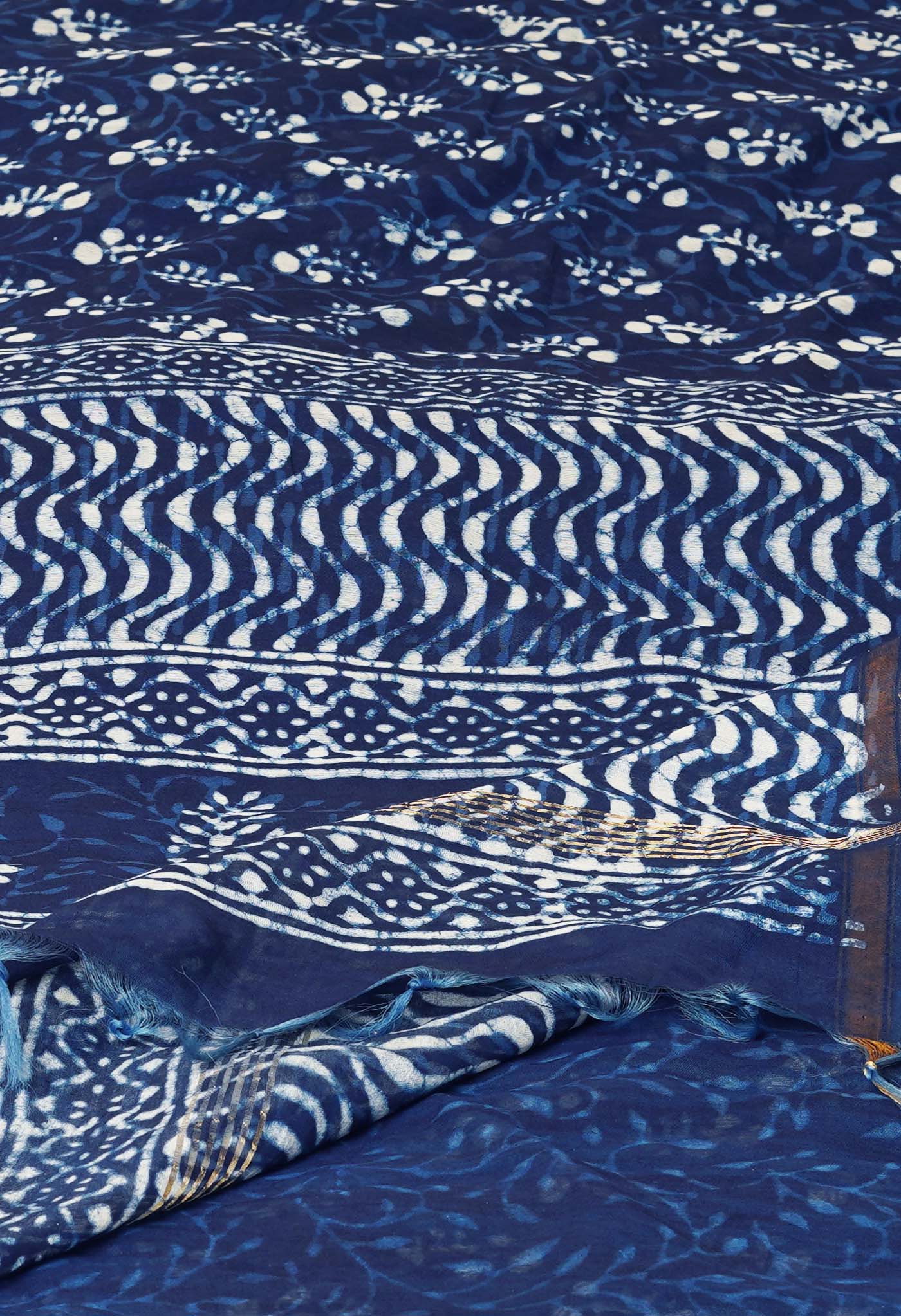 Indigo Blue Pure  Pashmina Block Printed Chanderi Sico Saree