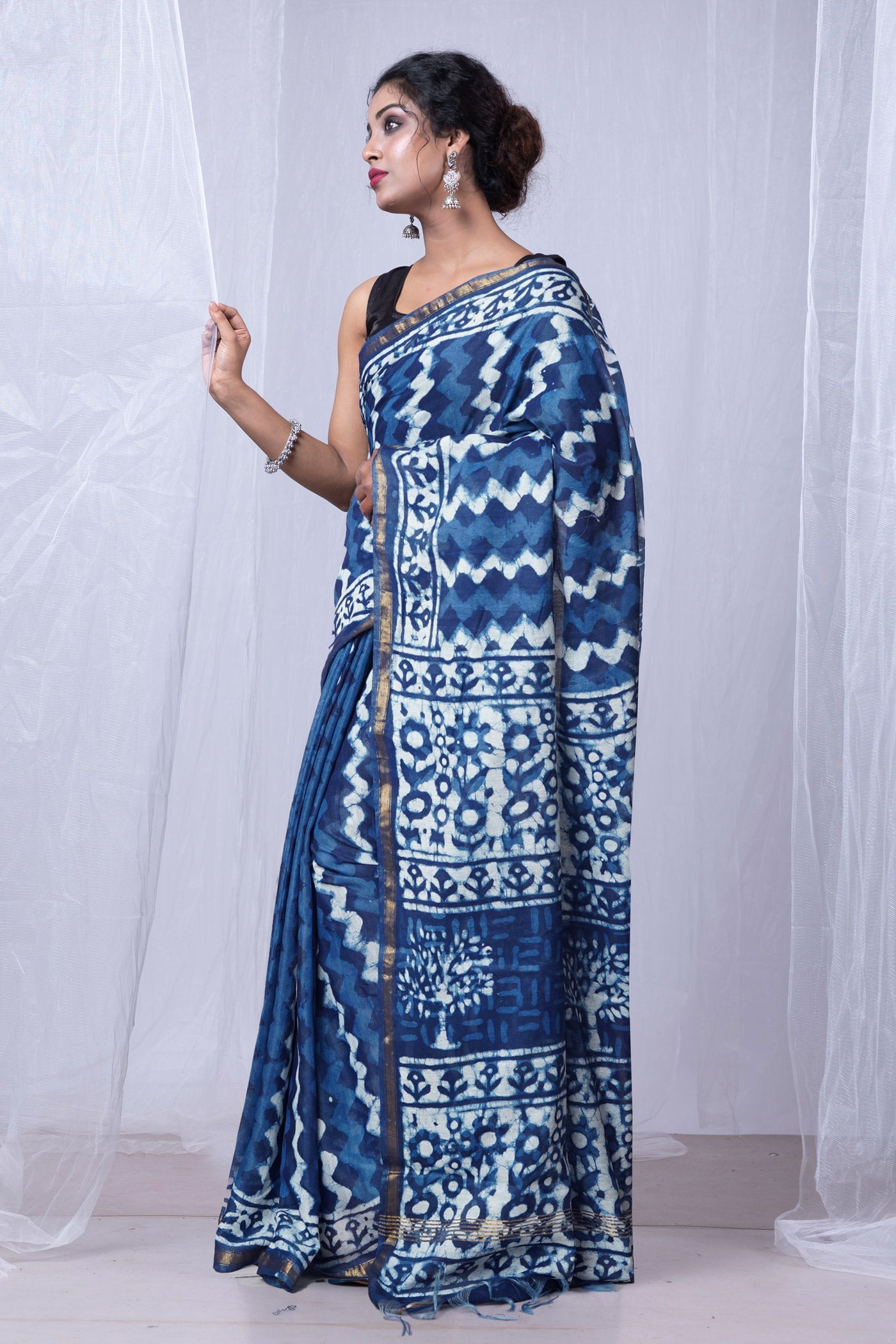 Indigo Blue Pure  Pashmina Block Printed Chanderi Sico Saree