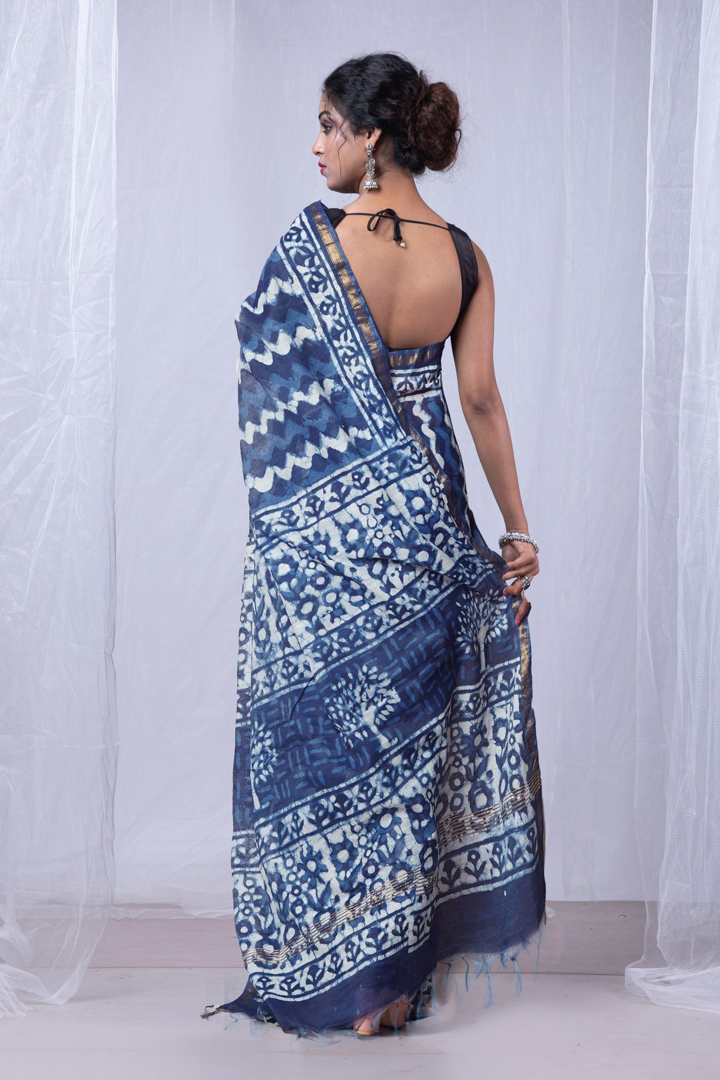 Indigo Blue Pure  Pashmina Block Printed Chanderi Sico Saree