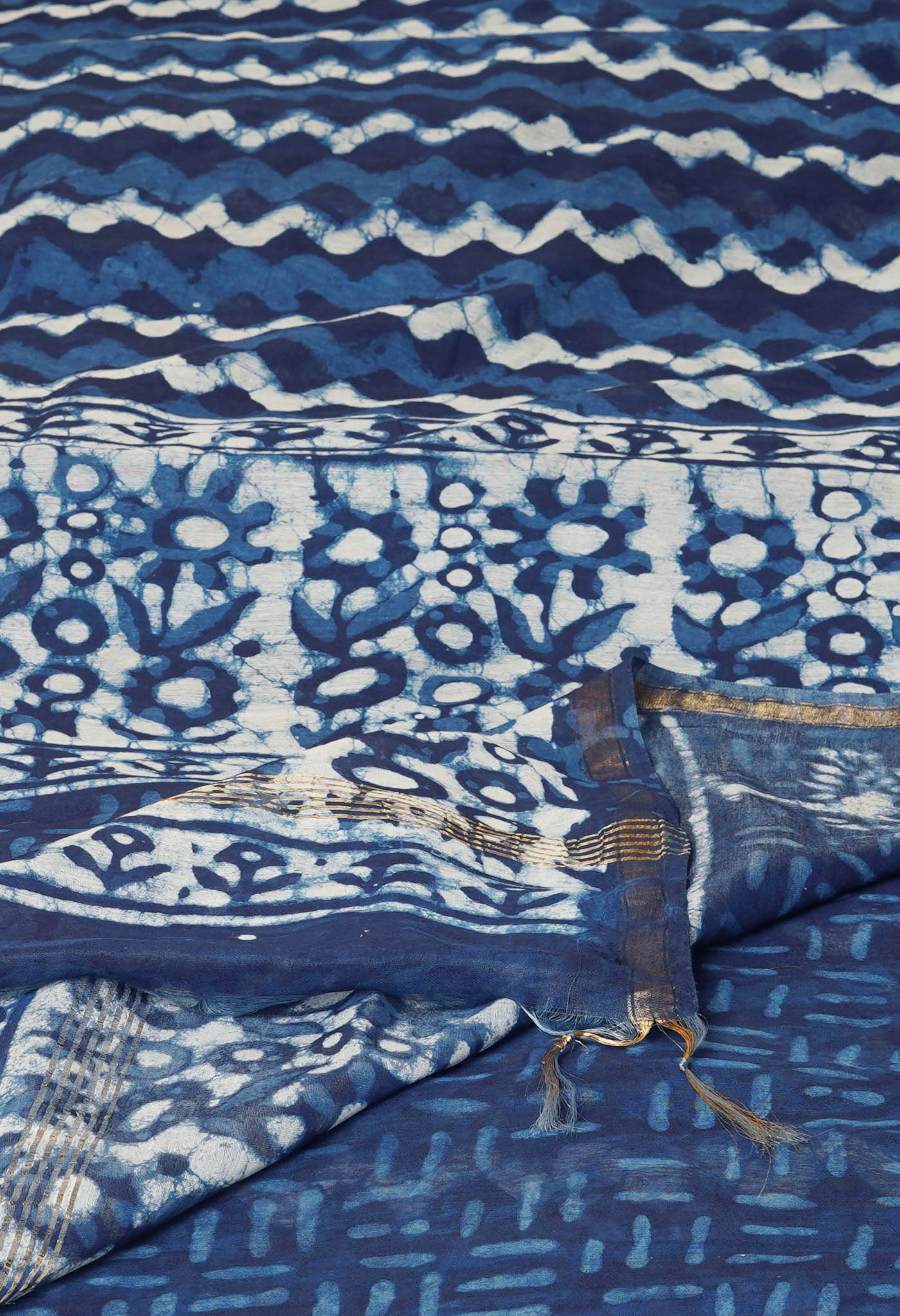 Indigo Blue Pure  Pashmina Block Printed Chanderi Sico Saree