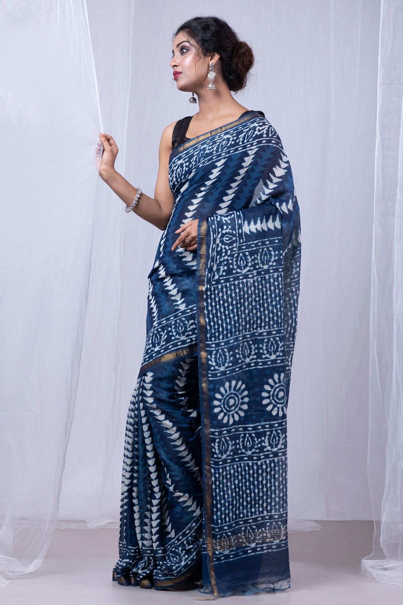 Indigo Blue Pure  Pashmina Block Printed Chanderi Sico Saree