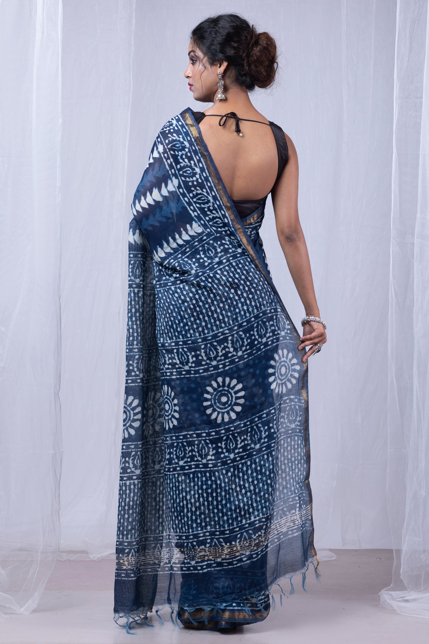 Indigo Blue Pure  Pashmina Block Printed Chanderi Sico Saree