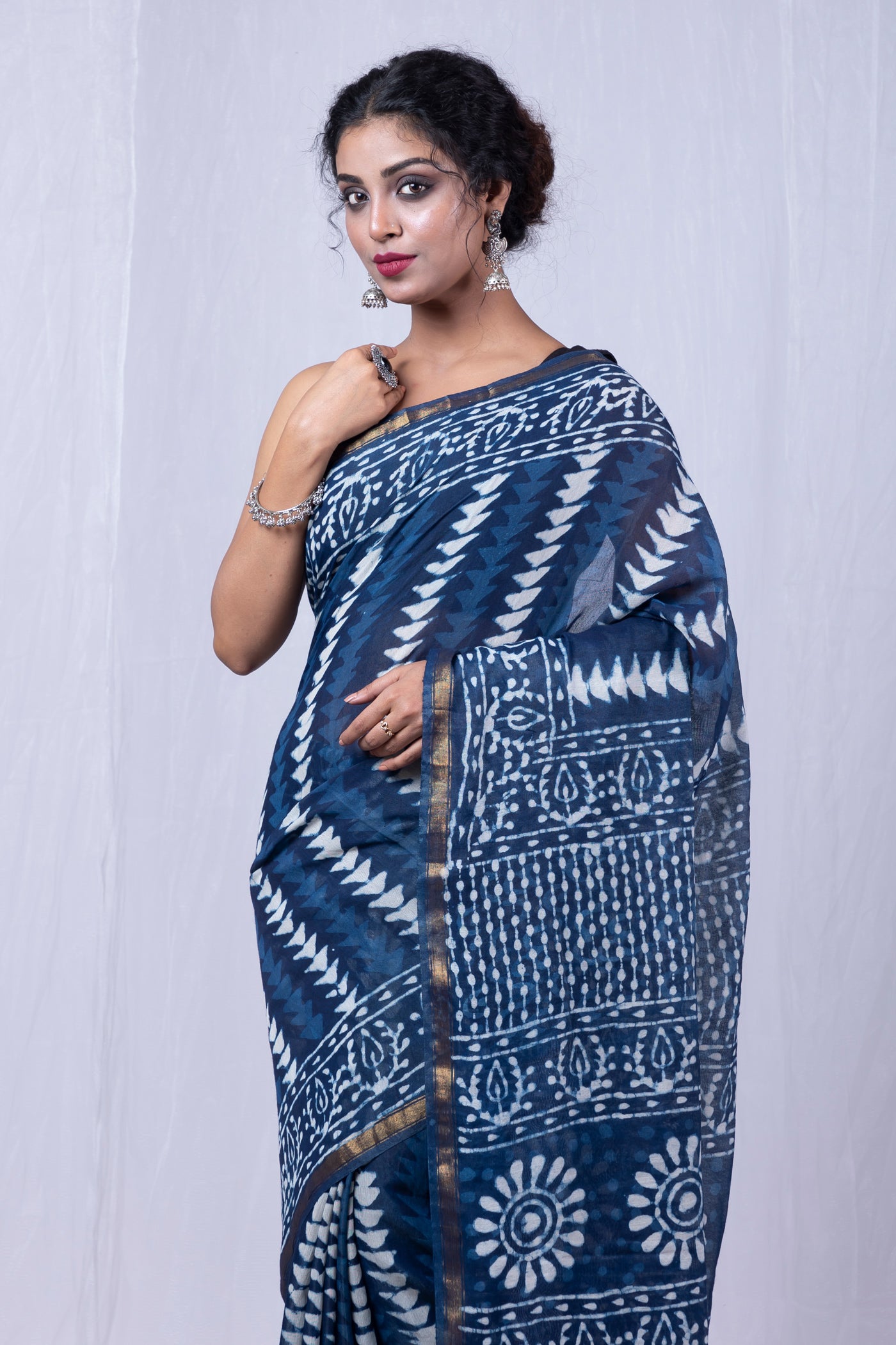 Indigo Blue Pure  Pashmina Block Printed Chanderi Sico Saree