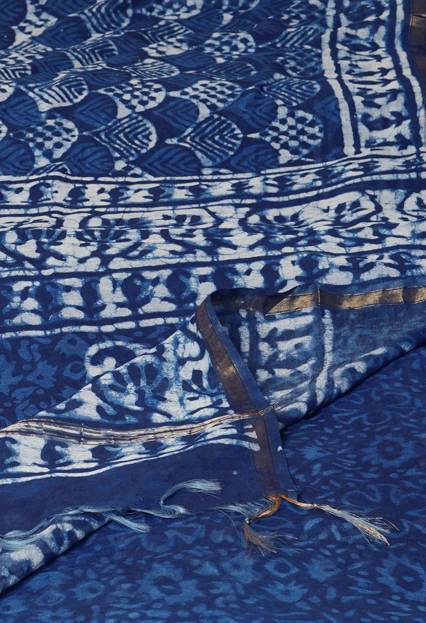 Indigo Blue Pure  Pashmina Block Printed Chanderi Sico Saree