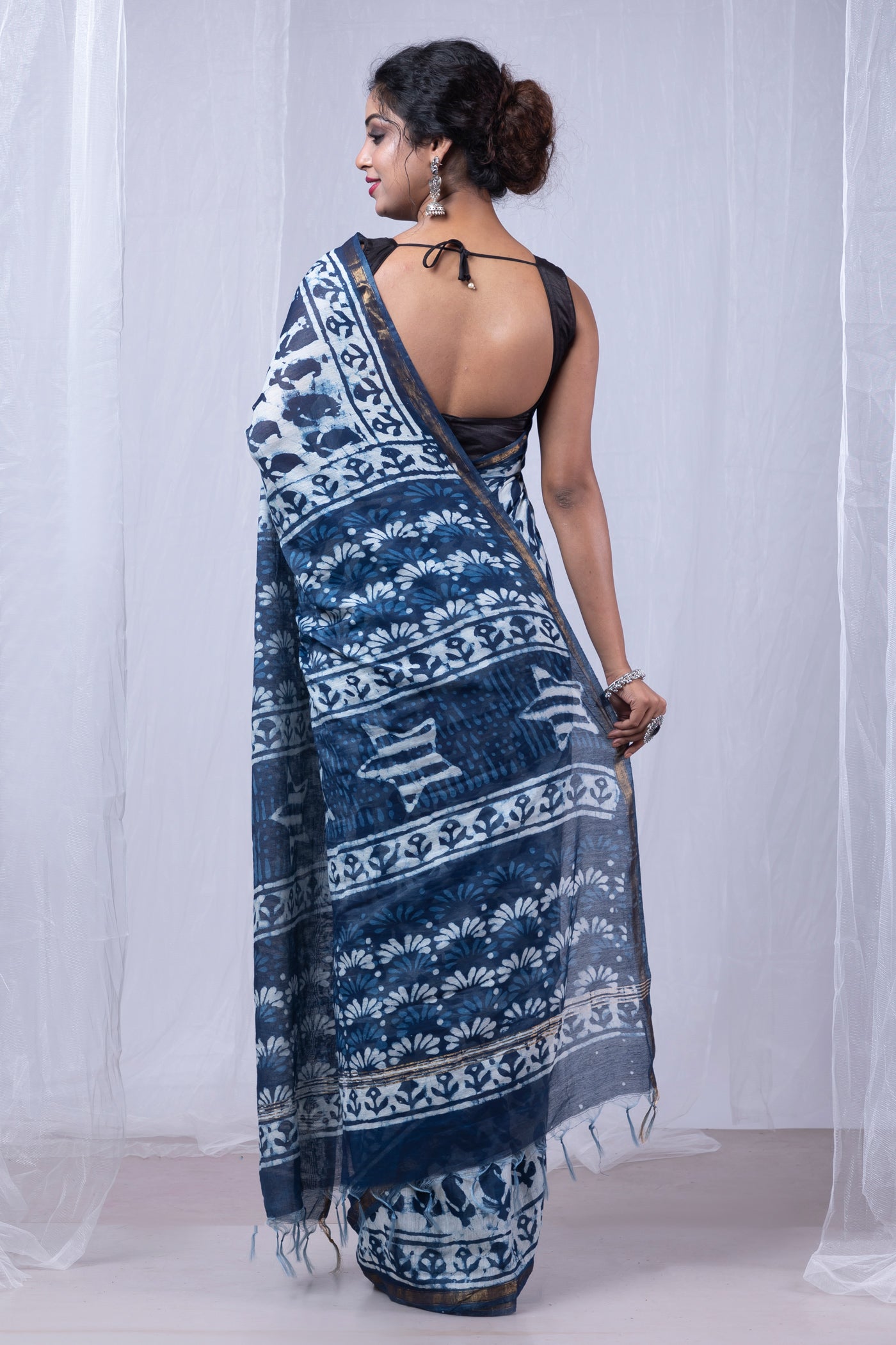 Indigo Blue Pure  Pashmina Block Printed Chanderi Sico Saree-UNM75912